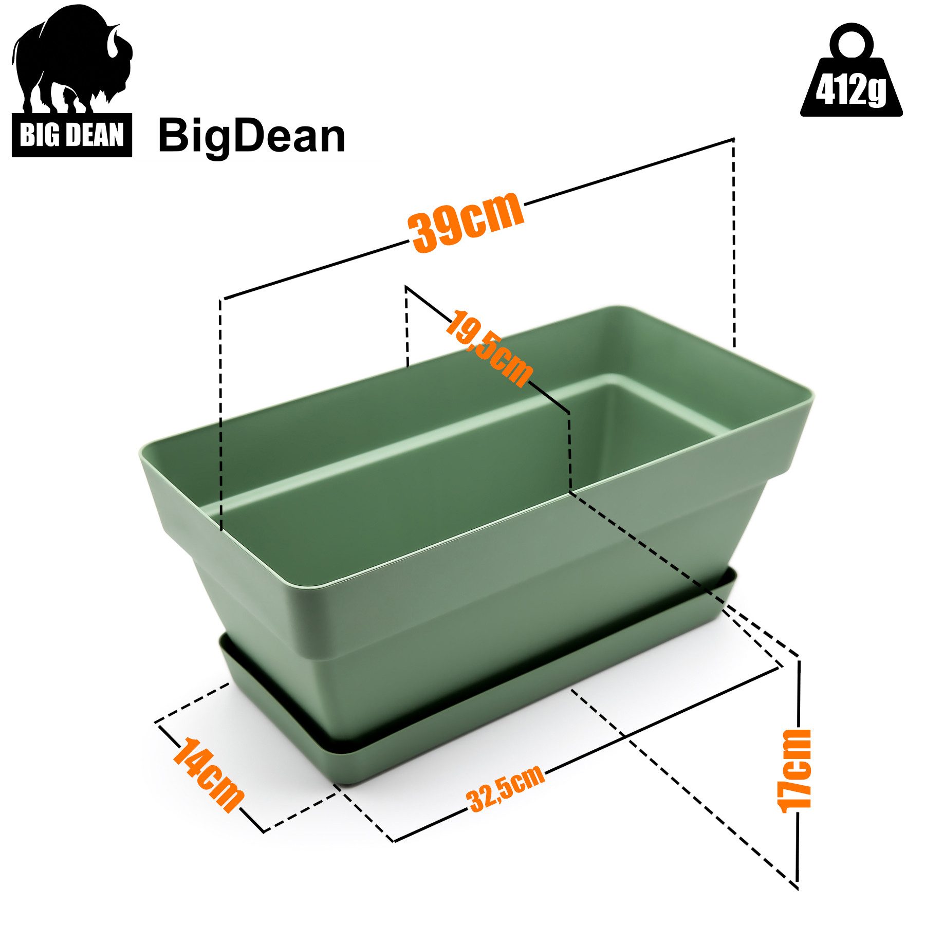 BigDean Blumenkasten 3 Stück Blumenkasten 39 cm aus bruchfestem Kunststoff in Olivgrün (Set, 3 St., Pflanzkasten + Untersetzer), Pflanzkasten, 40cm, Bruchfester Kunststoff, Indoor & Outdoor