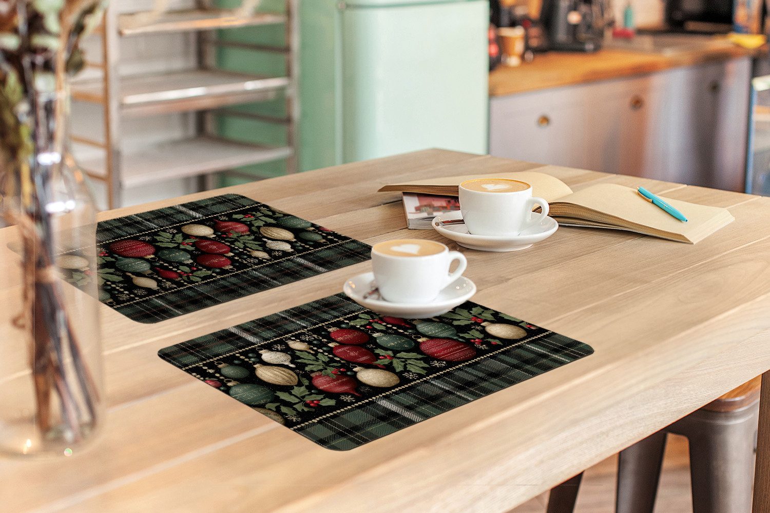 MuchoWow Platzset Weihnachtskugeln - Rot - Stechpalmenzweige - Muster, (6-St), Platzsets, Tischset, Abwaschbar, Tischsets, Platzdeckchen