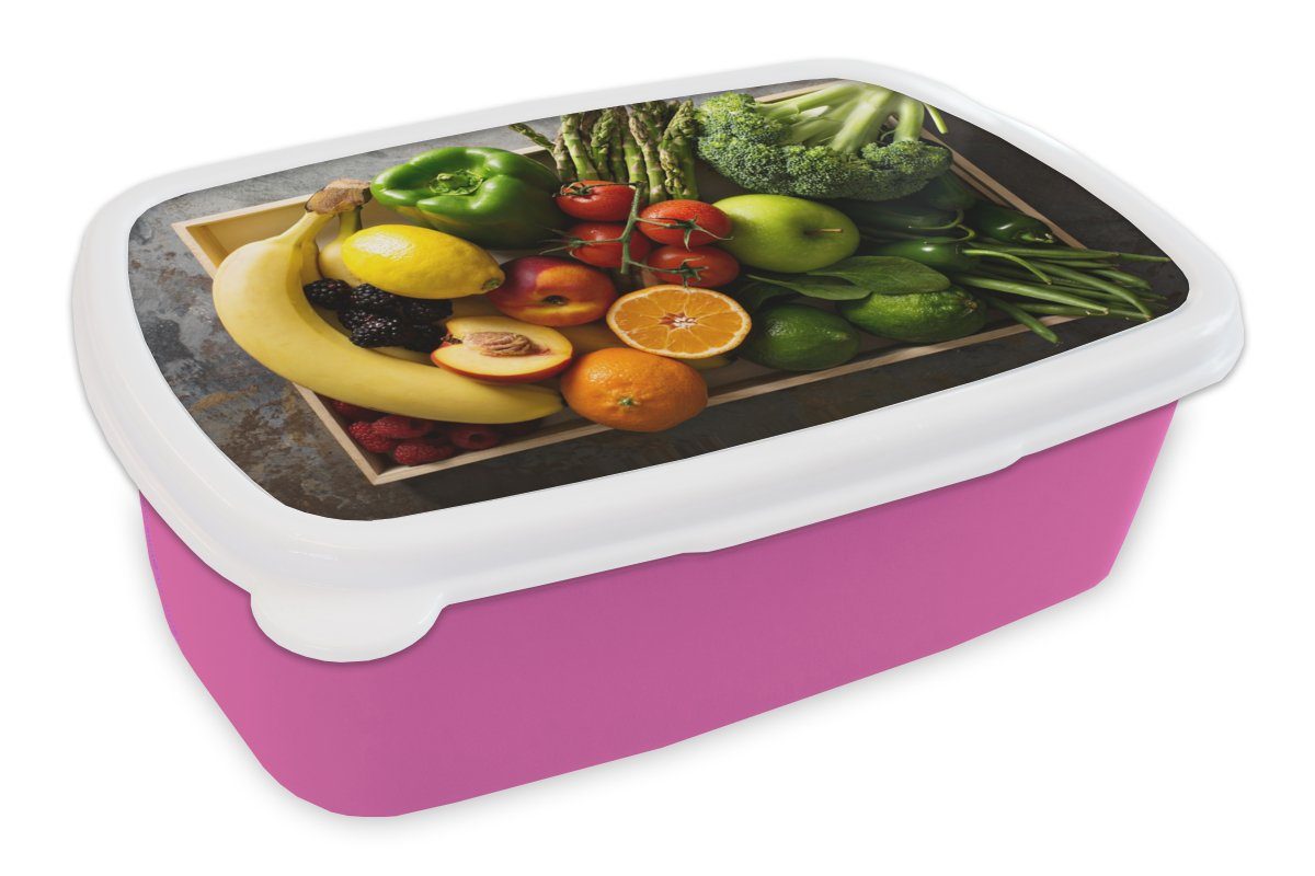 MuchoWow Lunchbox Kiste - Obst - Regenbogen, Kunststoff, (2-tlg), Brotbox für Erwachsene, Brotdose Kinder, Snackbox, Mädchen, Kunststoff rosa