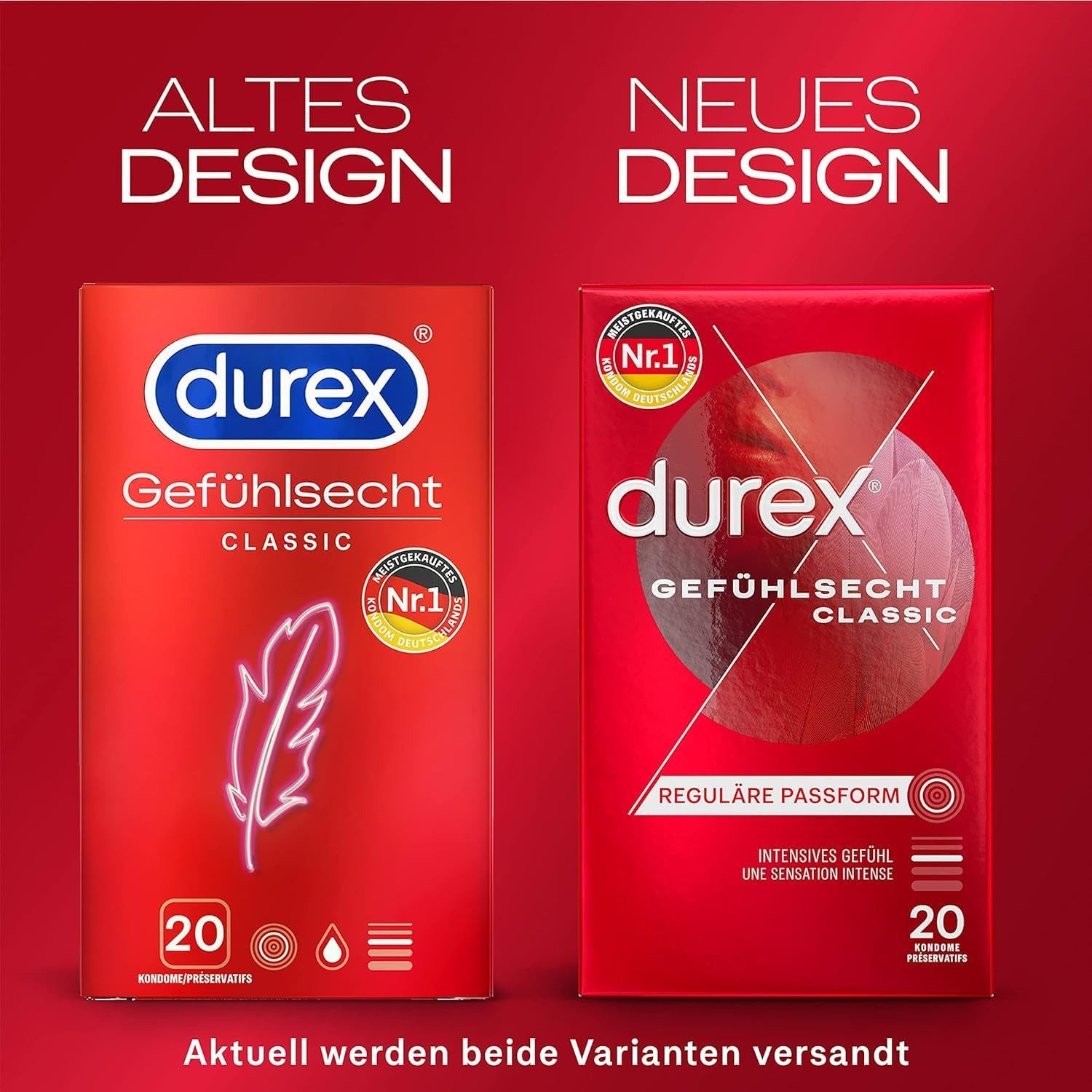 durex Kondome Gefühlsecht Classic mit anatomischer Easy-On-Form & Silikongleitgel befeuchtet, 20 St., Ultra dünn
