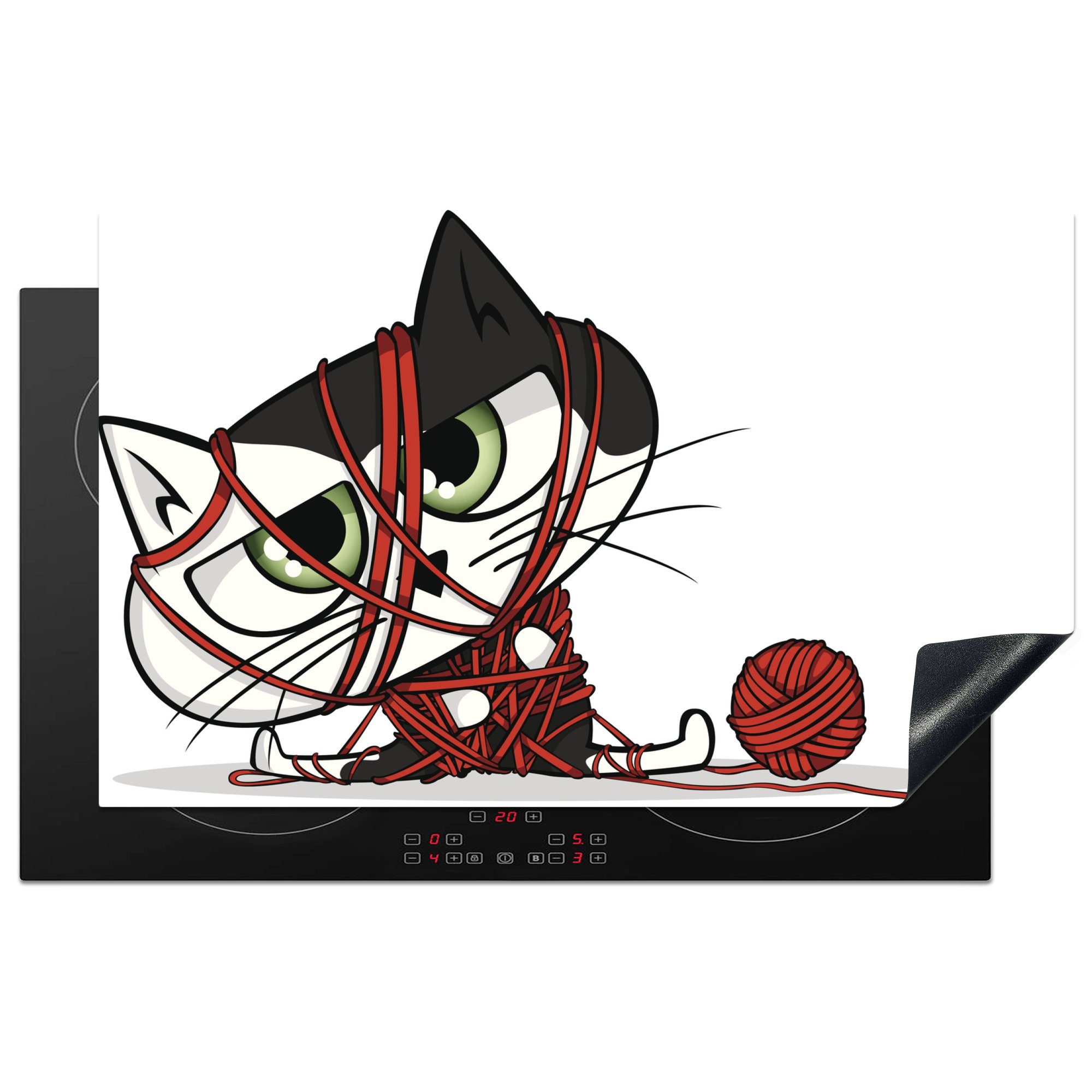 MuchoWow Herdblende-/Abdeckplatte Katze - Wolle - Rot, Vinyl, (1 tlg), 83x51 cm, Ceranfeldabdeckung, Arbeitsplatte für küche