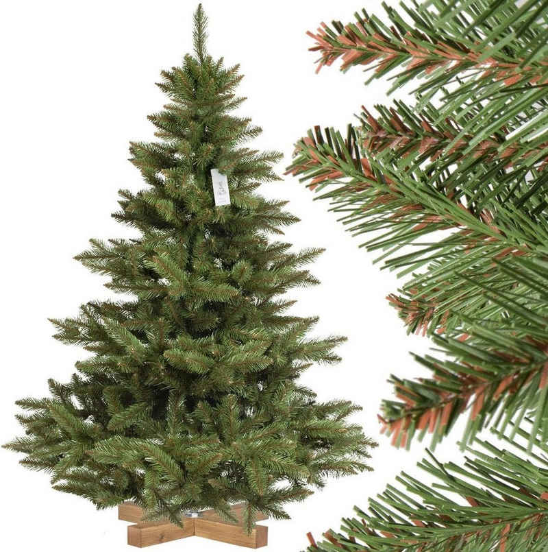 Fairytrees Künstlicher Weihnachtsbaum FT14, Nordmanntanne, grüner Stamm, mit Echtholz Baumständer