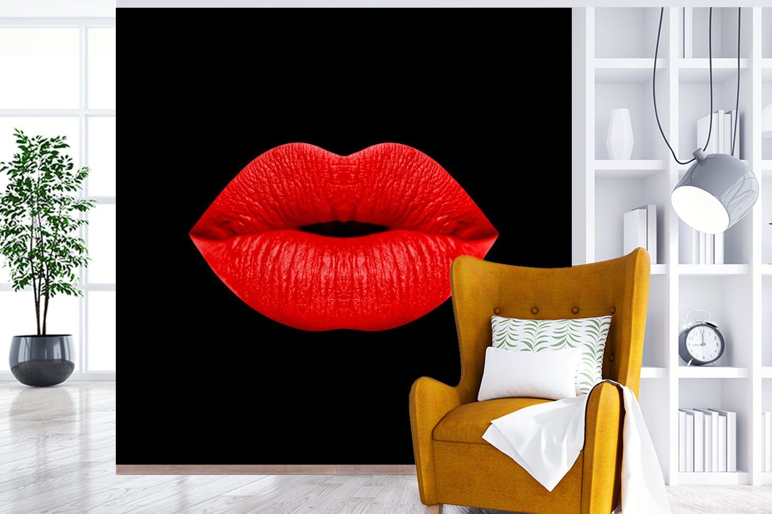 Schwarz, - Lippen Rot Tapete Wohnzimmer - (5 Fototapete St), für Wandtapete oder Schlafzimmer, MuchoWow Vinyl Matt, bedruckt,