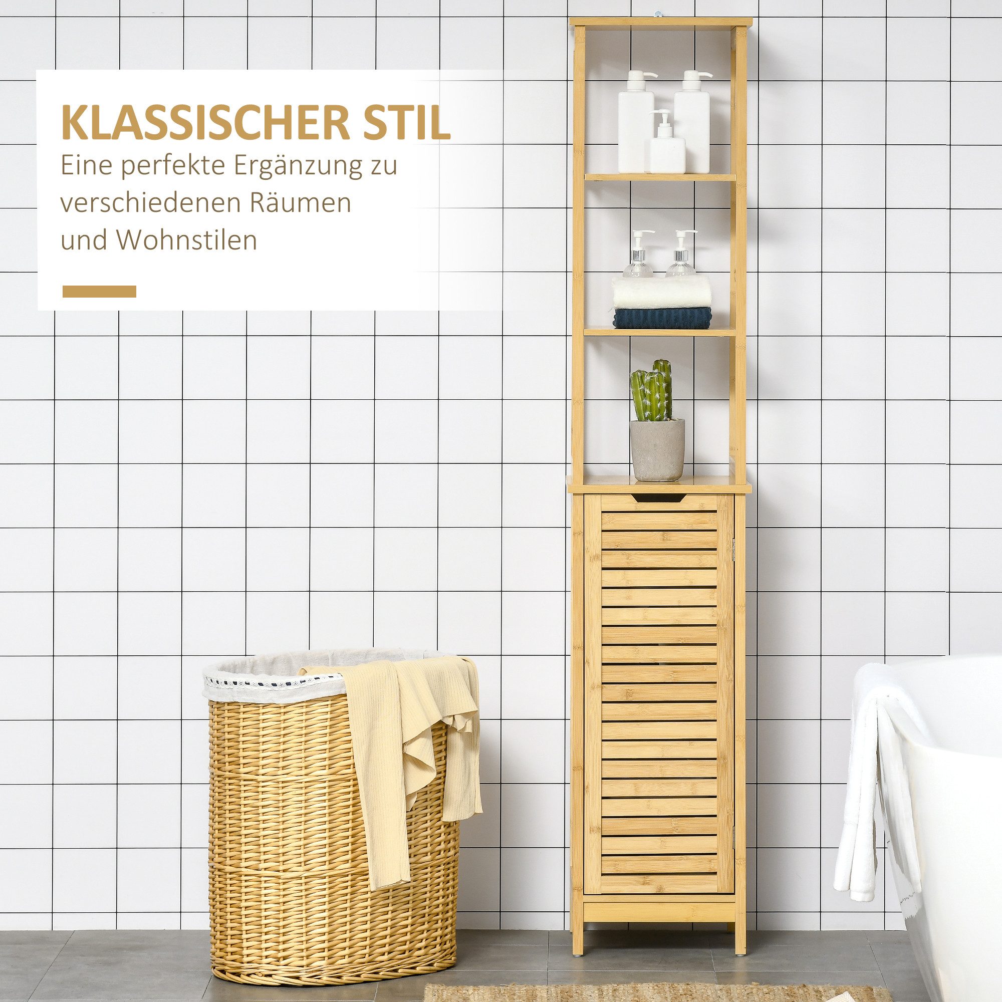 Kleankin Badkommode Badschrank Hochschrank mit 3 offenen Fächer und 1 Schrank, Bambus (Badmöbel, 1 St., Badezimmerschrank), Natur 34 x 30 x 173 cm – Bild 4 von 5
