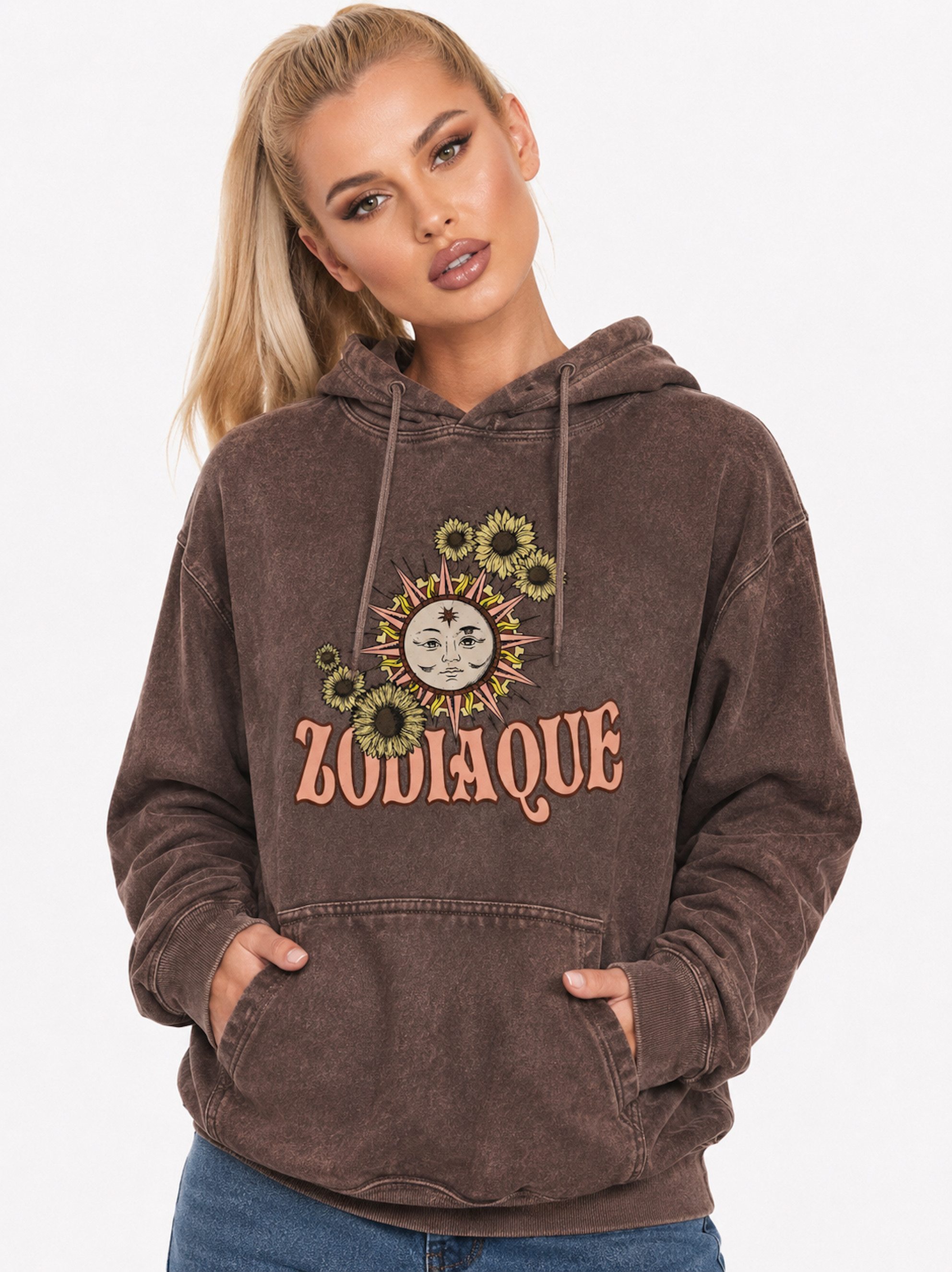 Worldclassca Hoodie Worldclassca Oversized Hoodie Print Kapuzenpullover Stone Washed Neue Kollektion - Stilvolle und gemütliche Sreetwear Mode für Damen