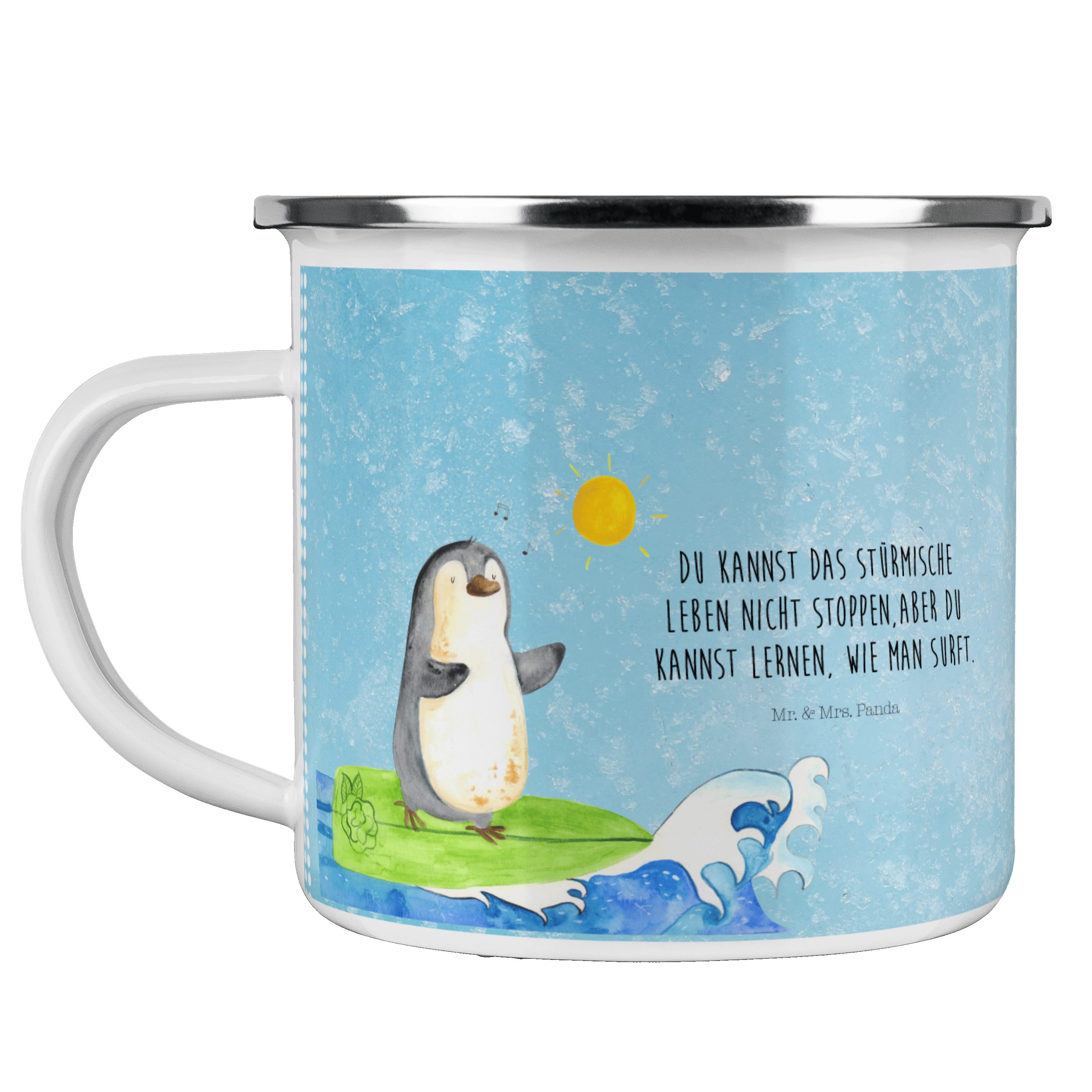 Mr. & Mrs. Panda Becher Pinguin Surfer - Eisblau - Geschenk, Pinguine, Metalltasse, optimisti, Emaille