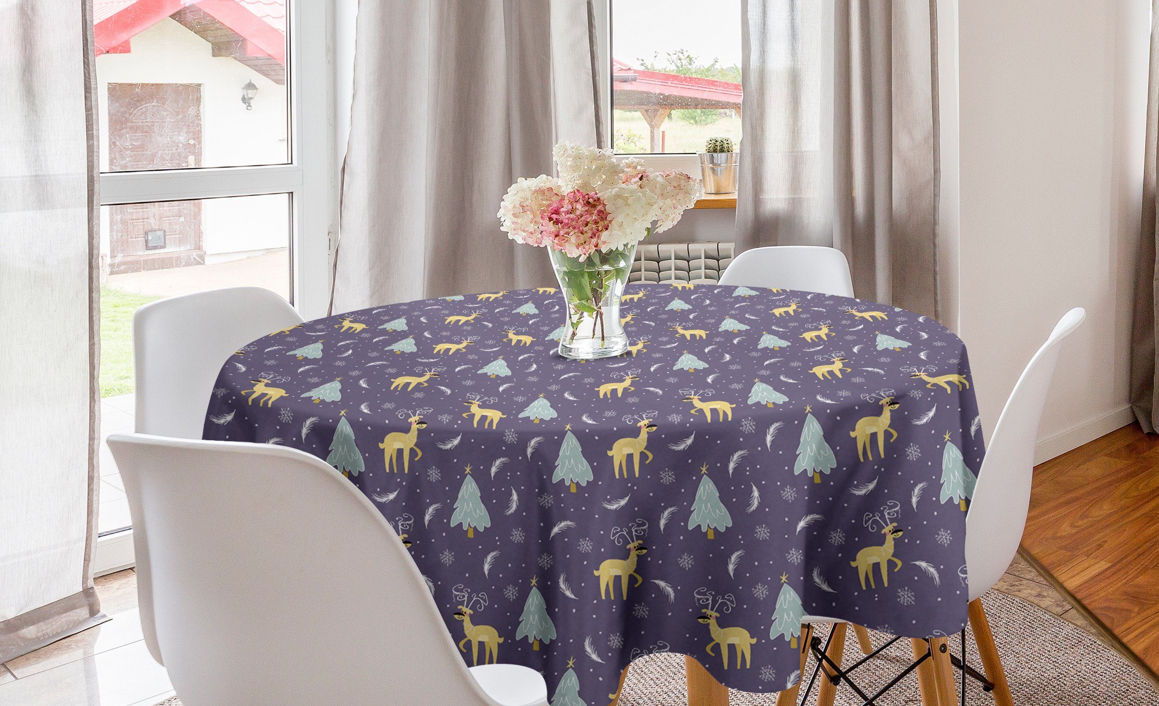 Abakuhaus für Abdeckung Küche Deer Cartoon Schnee Kreis Tischdecke und Weihnachten Esszimmer Tischdecke Dekoration,