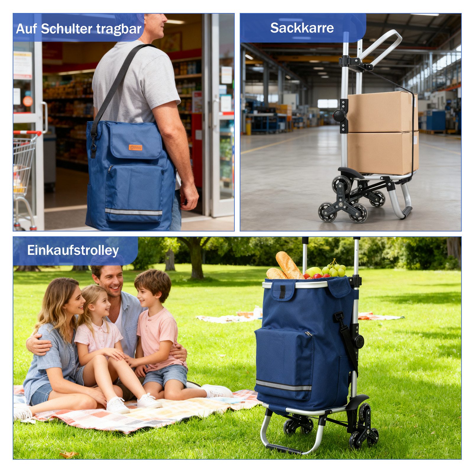 Sekey Einkaufstrolley Klappbarer Einkaufswagen mit Kühlfach, Treppensteiger Trolley 3 in 1, 42 l, Faltbarer Einkaufswagen inkl. Einkaufschip und Spanngurt – Bild 5 von 5