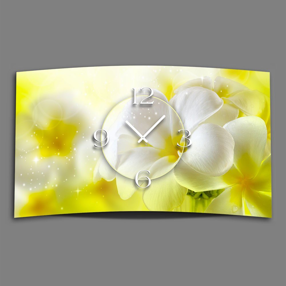 dixtime Wanduhr Blumen weiß gelb Designer Wanduhr modernes Wanduhren Design leise (Einzigartige 3D-Optik aus 4mm Alu-Dibond) | Wanduhren