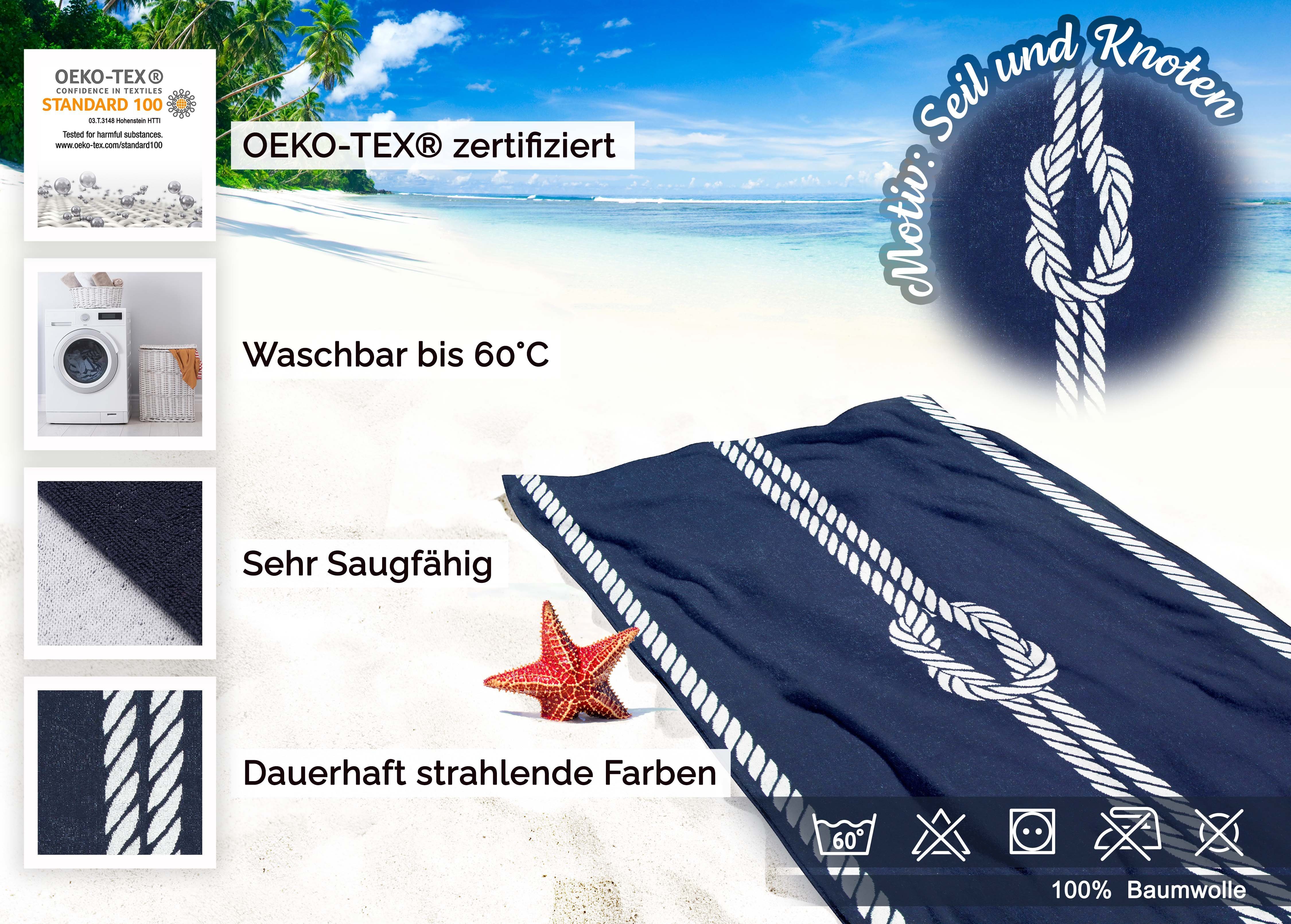 ZOLLNER Baumwolle, 100% vom x 200 (1-St), cm, 100 Strandtuch, Hotelwäschespezialisten marine-weiß Glattvelours