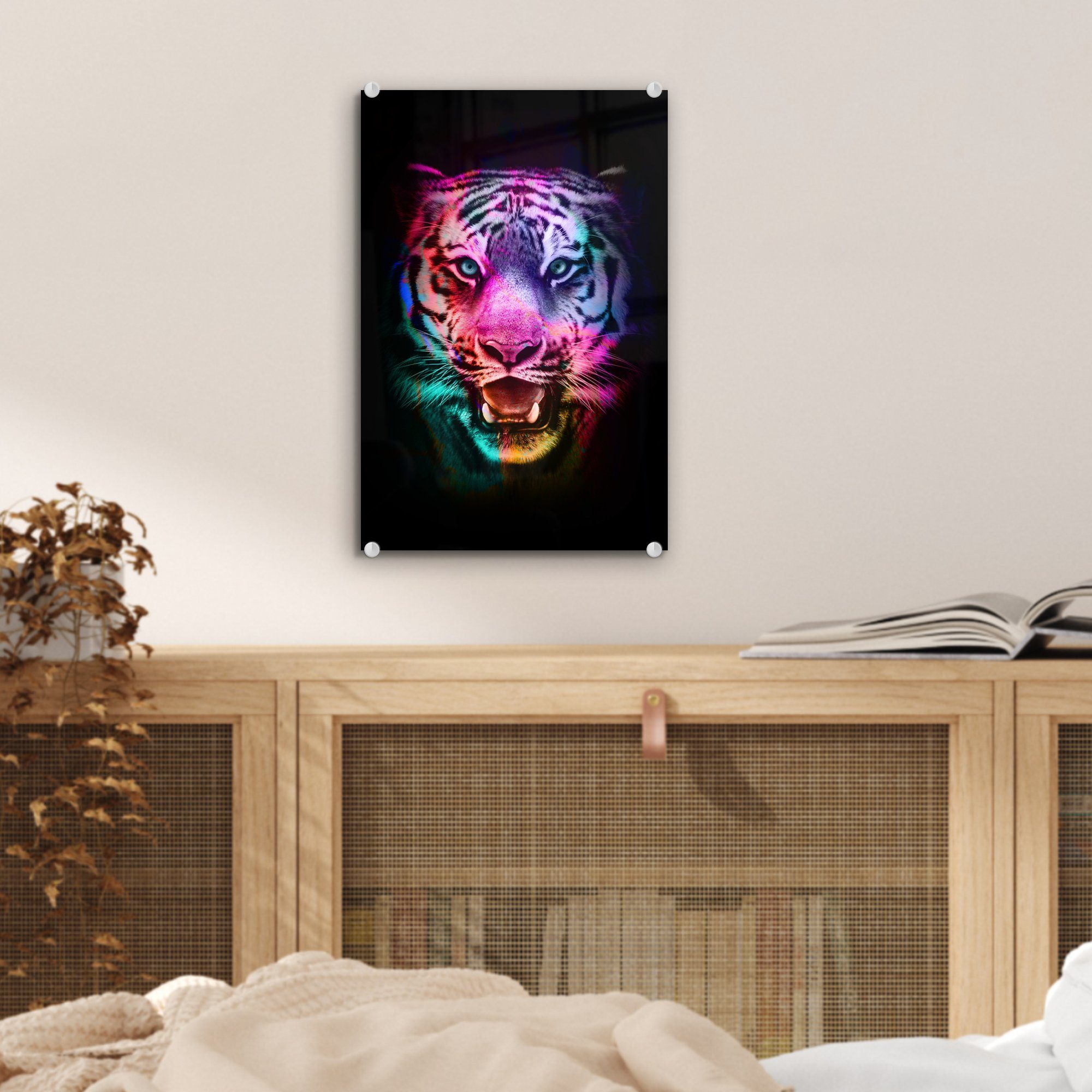 Wanddekoration Tiger - (1 Wandbild Farben auf - Foto MuchoWow Wild, - auf Glas bunt - Glasbilder Acrylglasbild St), - Glas Bilder