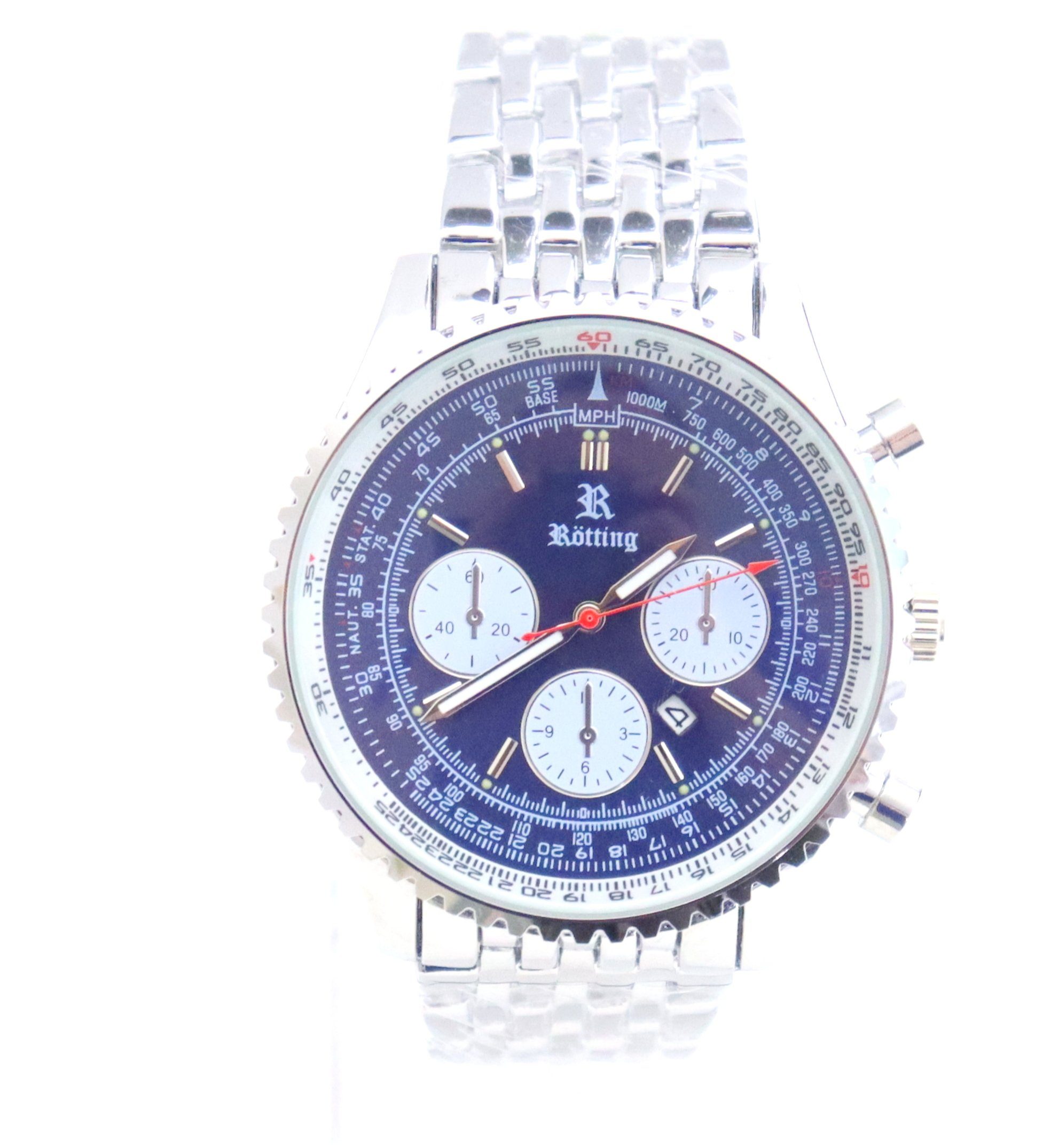 Rötting Design Quarzuhr Herrenuhr Quarz blaues Ziffernblatt in Flieger-Look Design DATUM, Handgelenkumfang wählbar zwischen 18 und 22 cm