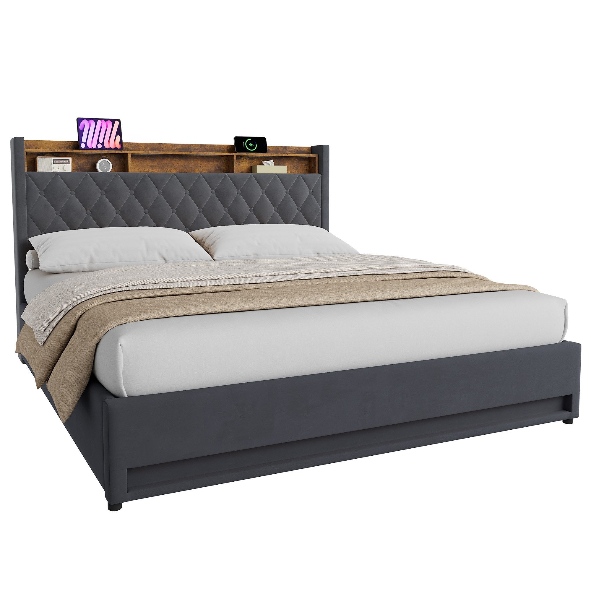HAUSS SPOLE Polsterbett Jugendbett mit Stauraum,als Einzelbett-oder Doppelbett erhältlich (160x200cm Doppelbett mit Lattenrost, Ohne Matratze), Boxspringbett Schlafzimmerbett für Erwachsene