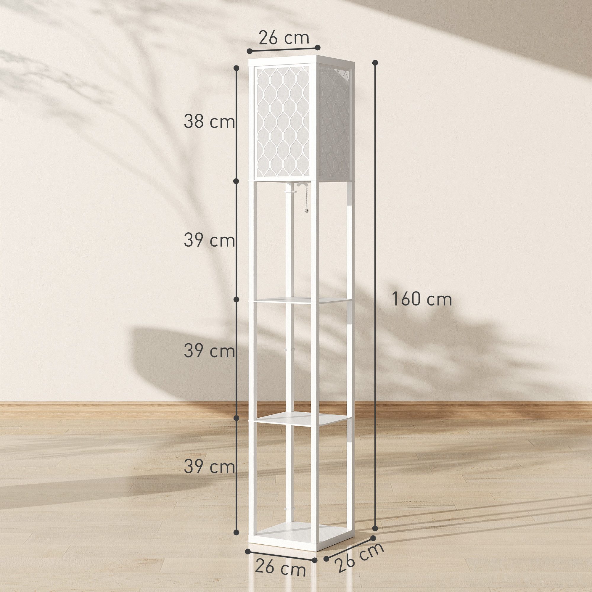 HOMCOM Stehlampe mit Regal, Ein-,Ausschalter, ohne Leuchtmittel, Warmweiß, 3 Fächer Stauraum, Weiß