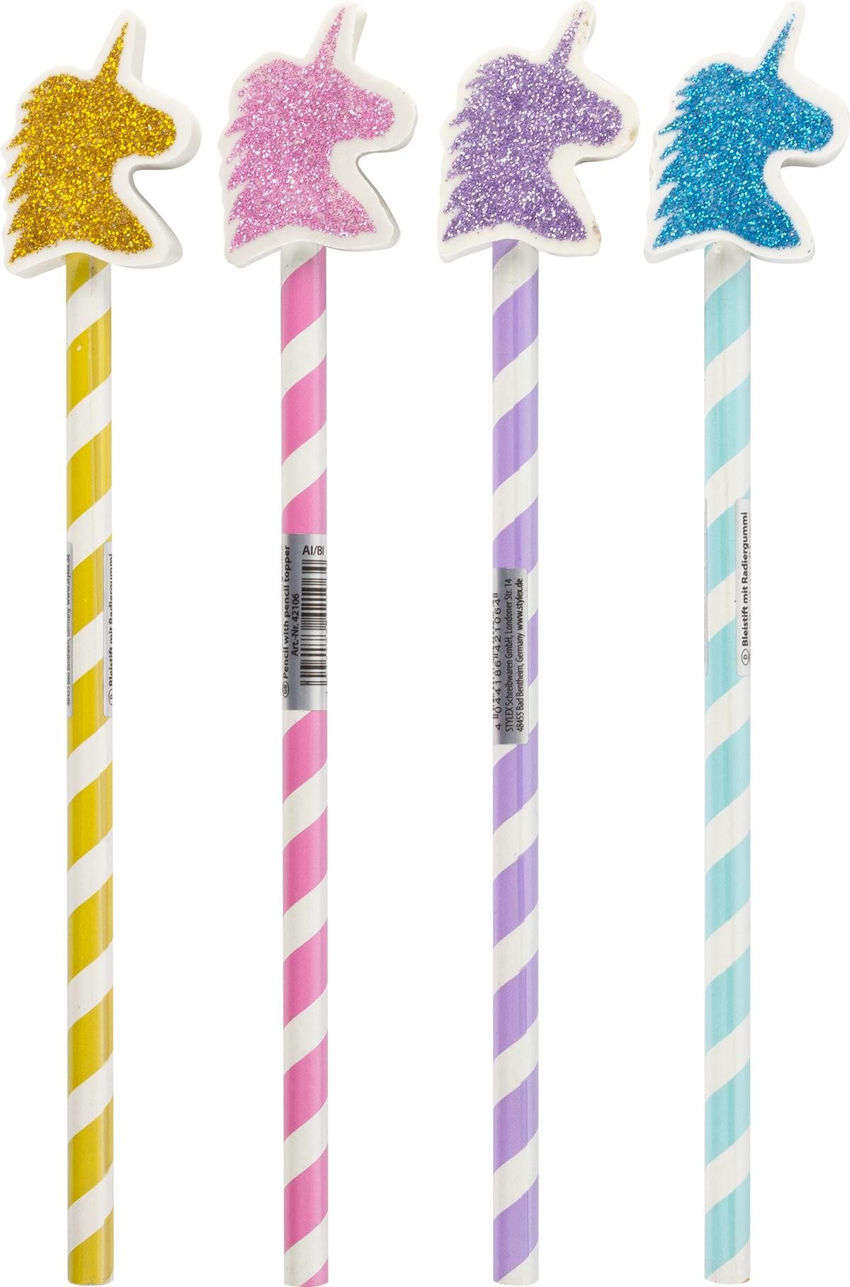 Stylex Канцелярские товары Buntstift 4 verschiedene Bleistifte mit Motiv Radierer "Einhorn" / Härtegrad HB