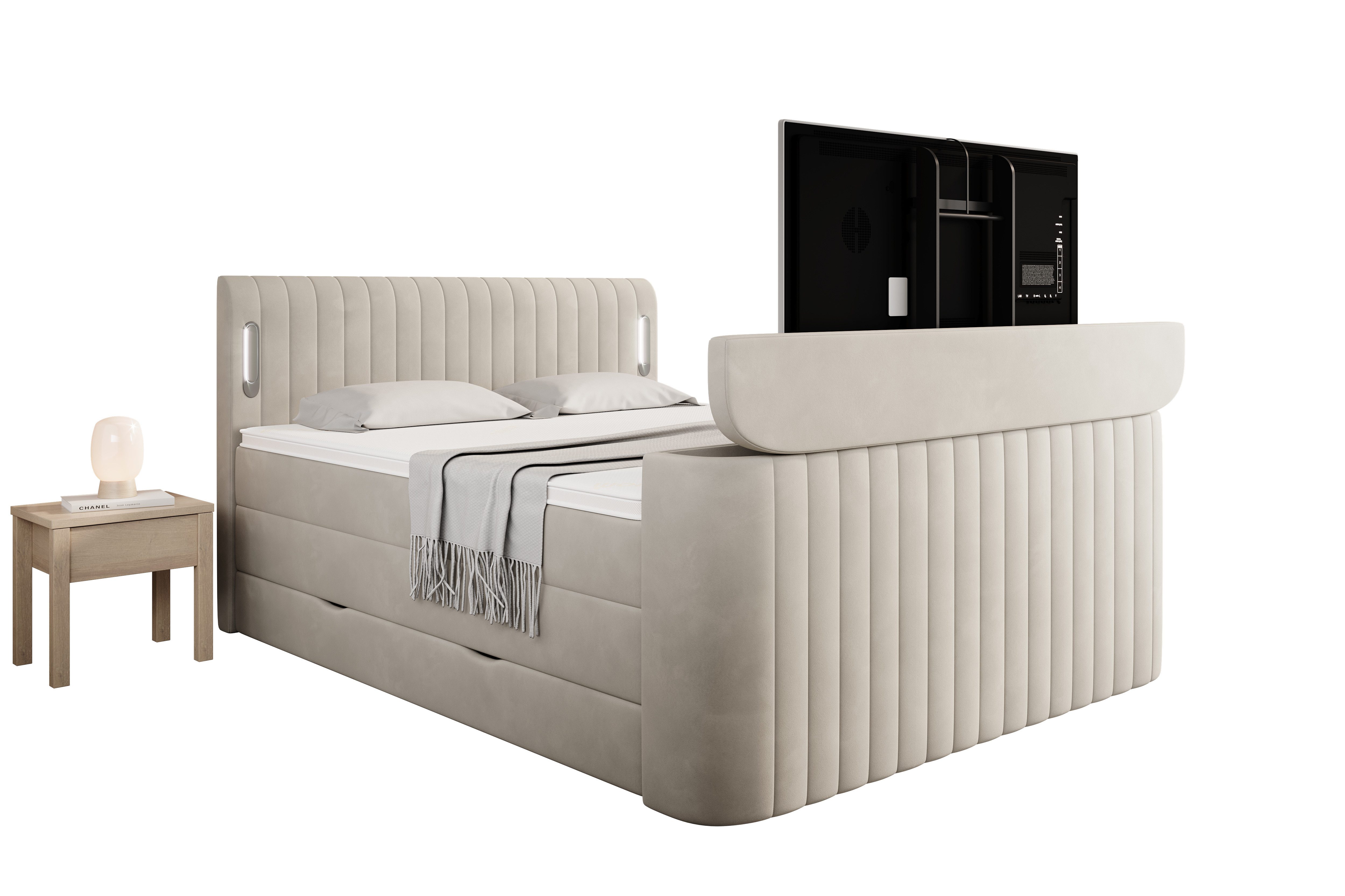 wonello Boxspringbett FLY mit TV-Lift, mit Bettkasten, TFK-Matratzen und premium Topper, LED-Beleuchtung