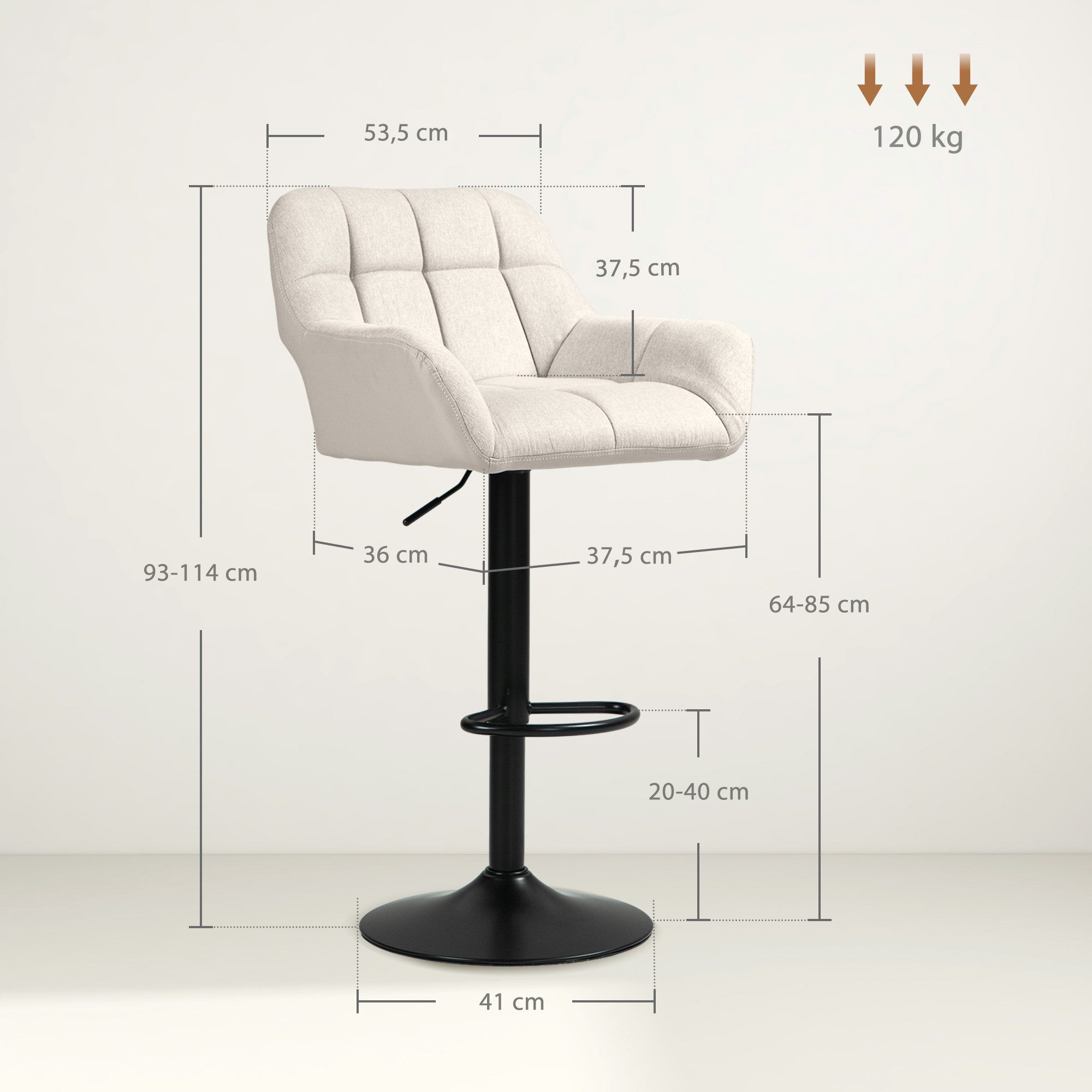 HOMCOM Barhocker für Bartheke Küche Esszimmer, höhenverstellbar, 360° Drehstuhl (Bistrohocker, 2 St., Barstuhl), Cremeweiß 57,5 x 52,5 x 93-114 cm