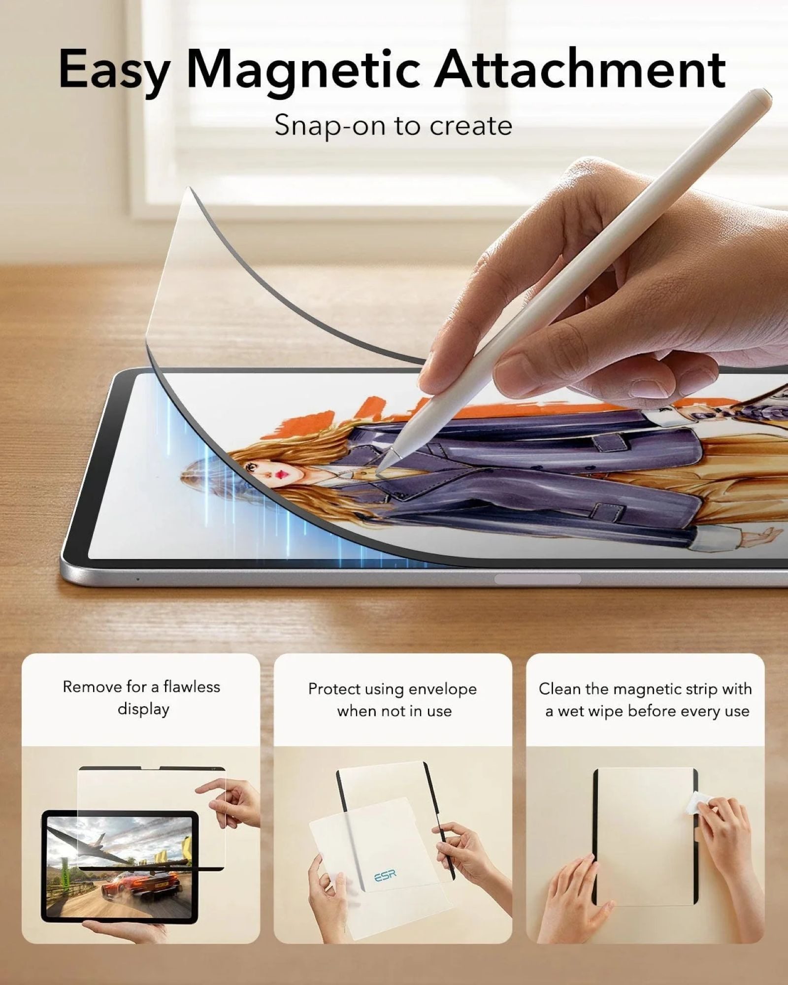 ESR Displayschutzfolie Magnetic (abnehmbar) Paper-Feel für Apple iPad Pro 11" (2025 & 2024), Schreiben wie auf Papier, wiederverwendbar