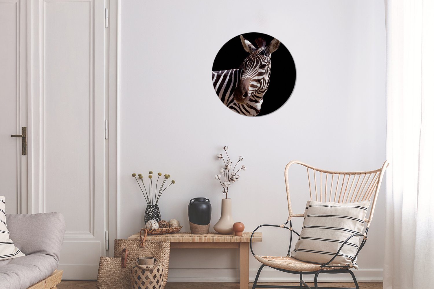St), Tapetenaufkleber, Hintergrund Wohnzimmer auf für Kinderzimmer, Wandsticker MuchoWow Zebra Neugieriges Rund, (1 Tapetenkreis schwarzem