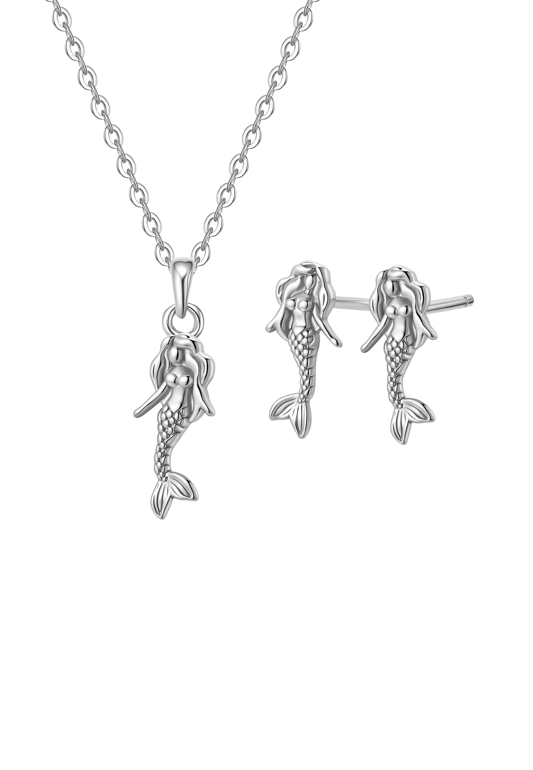 Hey Happiness Ohrring und Ketten Set Meereszauber, Verspieltes Schmuckset 925 Silber, Damen Set mit Kette & Ohrringen Meerjungfrau Design, feminin
