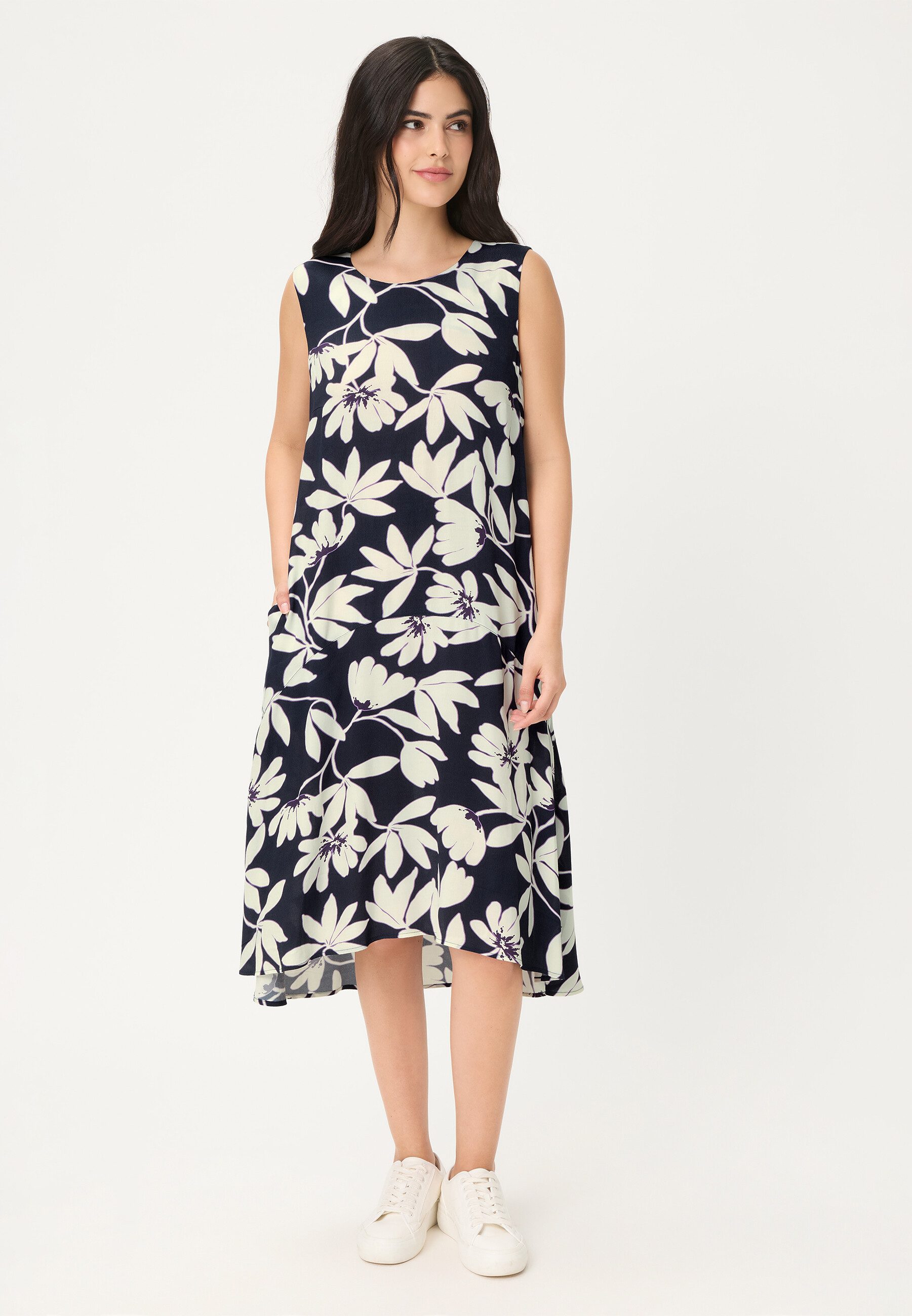Olsen Midikleid Kleid mit Rundhalsausschnitt und Allover-Dessin