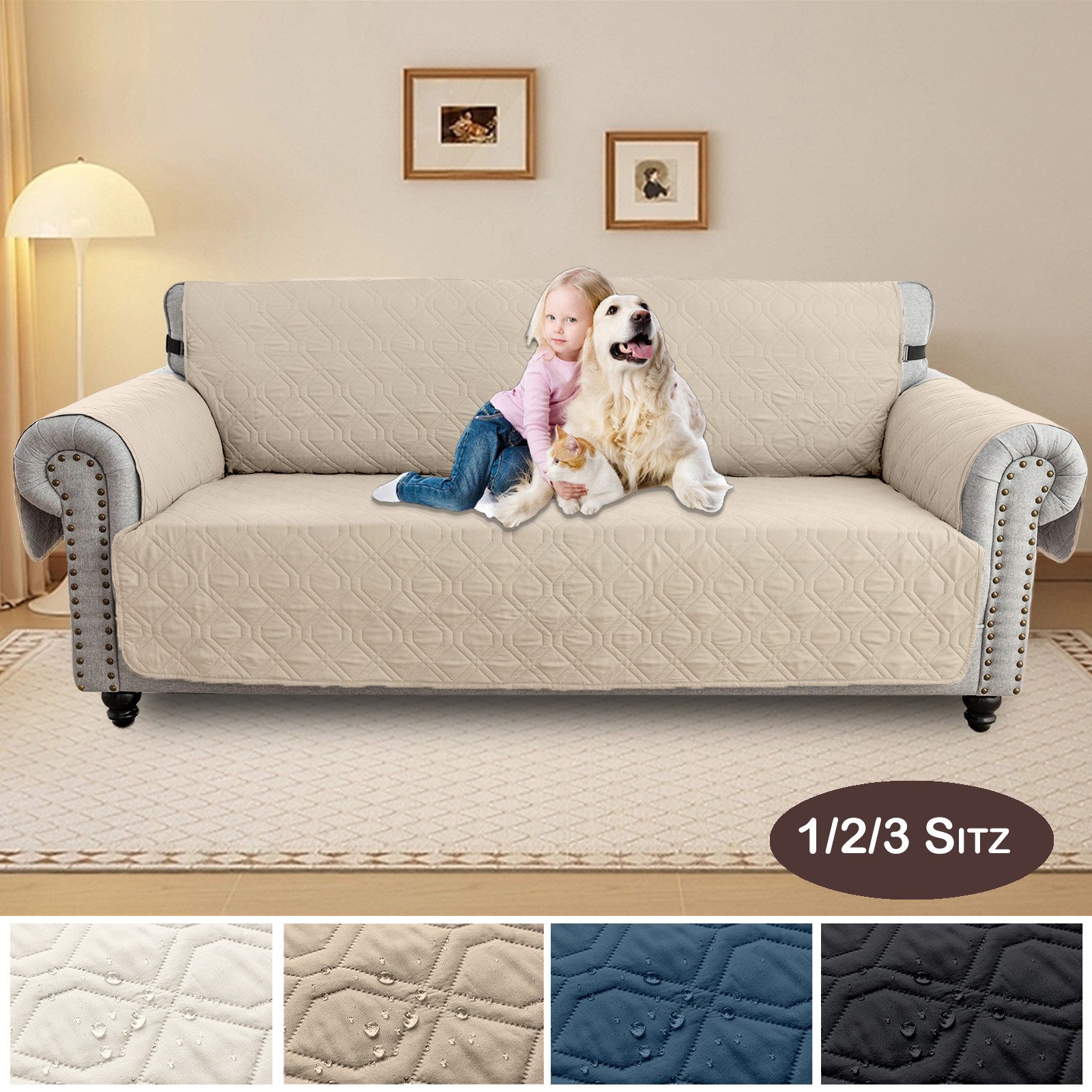 BTTO Sofabezug Sofahussen 4 Farbe,Wasserdicht Rutschfeste mit Seitentaschen, Stuhlhussen für 1/2/3-Sitzer-Sofas Sesselhussen