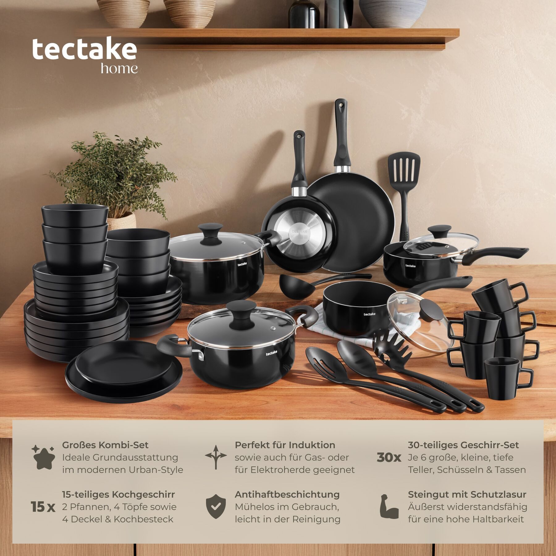 tectake Kochbesteck-Set Geschirrset aus Steingut mit Töpfen, Pfannen (Una/Varese - für Induktionsherde geeignet, 45-tlg., in Schwarz), hitzebeständig, kratzfest – Bild 2 von 5
