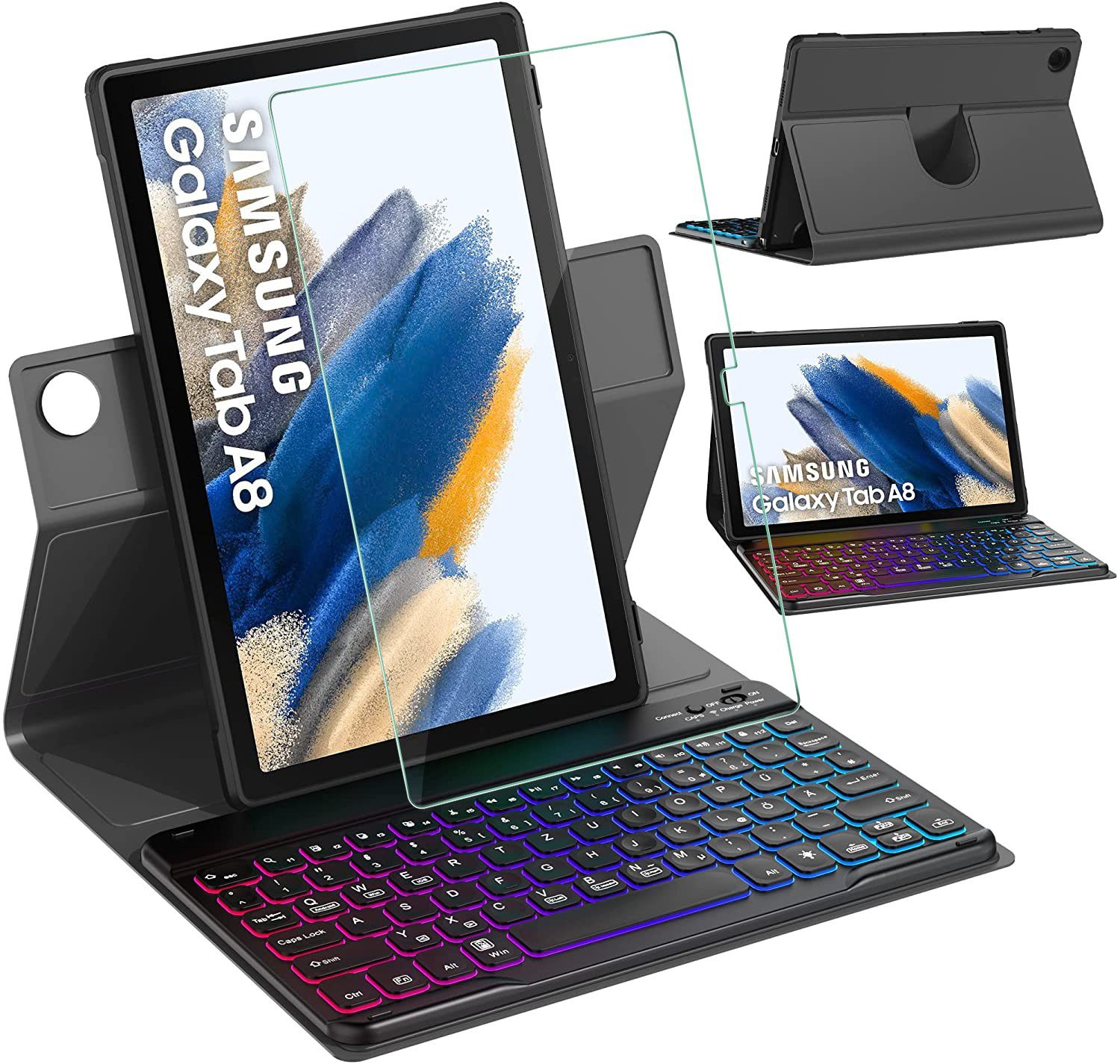 IVSO Tastatur für Samsung Galaxy Tab A8 Tastatur Hülle 10,5  Zoll(SM-X200/205), 360°Drehung mit Stifthalter, 7 Farbige Beleuchtete  Bluetooth Magnetische Kabelloser Abnehmbarer Tastatur HülleDeutsches  QWERTZ, Hülle + Tastatur + Panzerglas Tablet-Tastatur