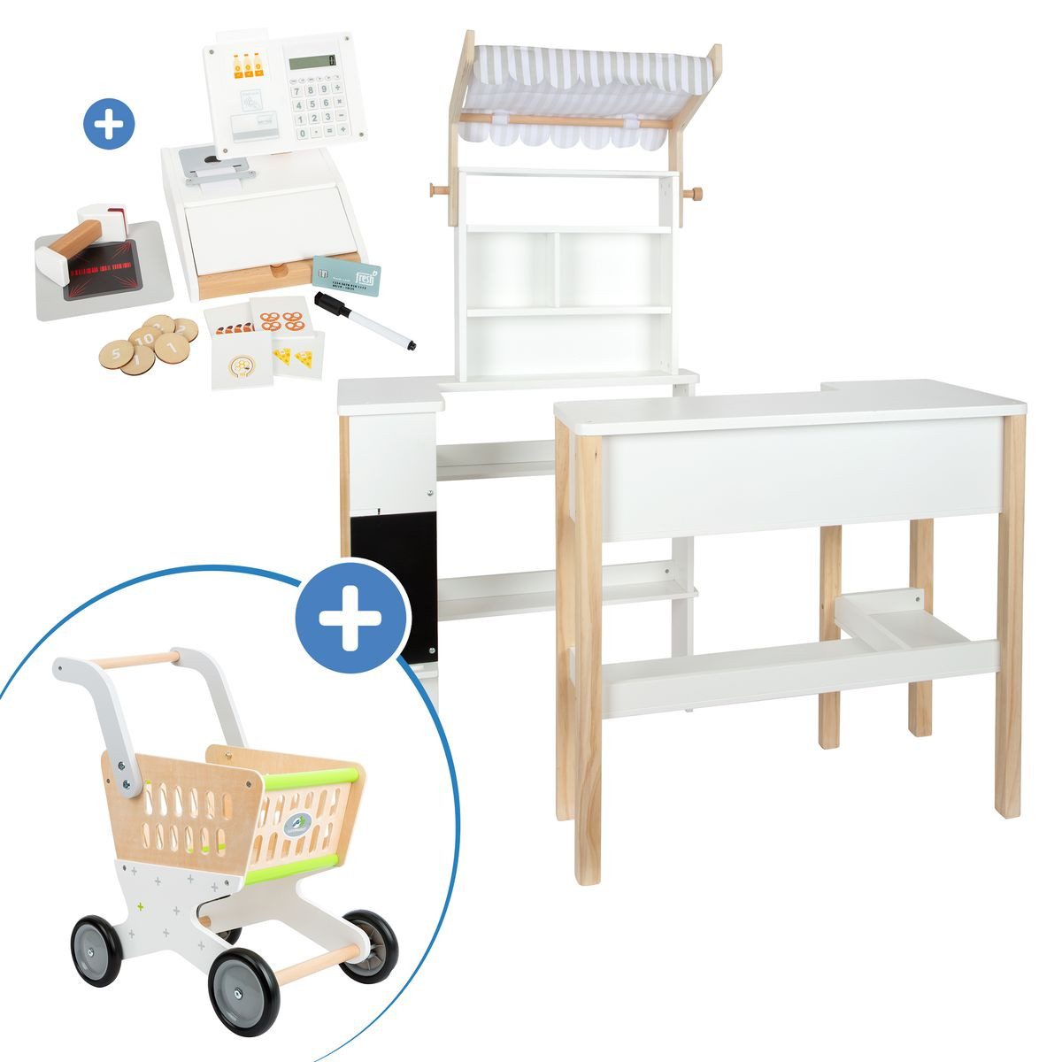 Small Foot Kaufladen Fresh - Weiß, Kinder Spielkaufladen Set mit Einkaufswagen & Kasse ab 3 Jahren
