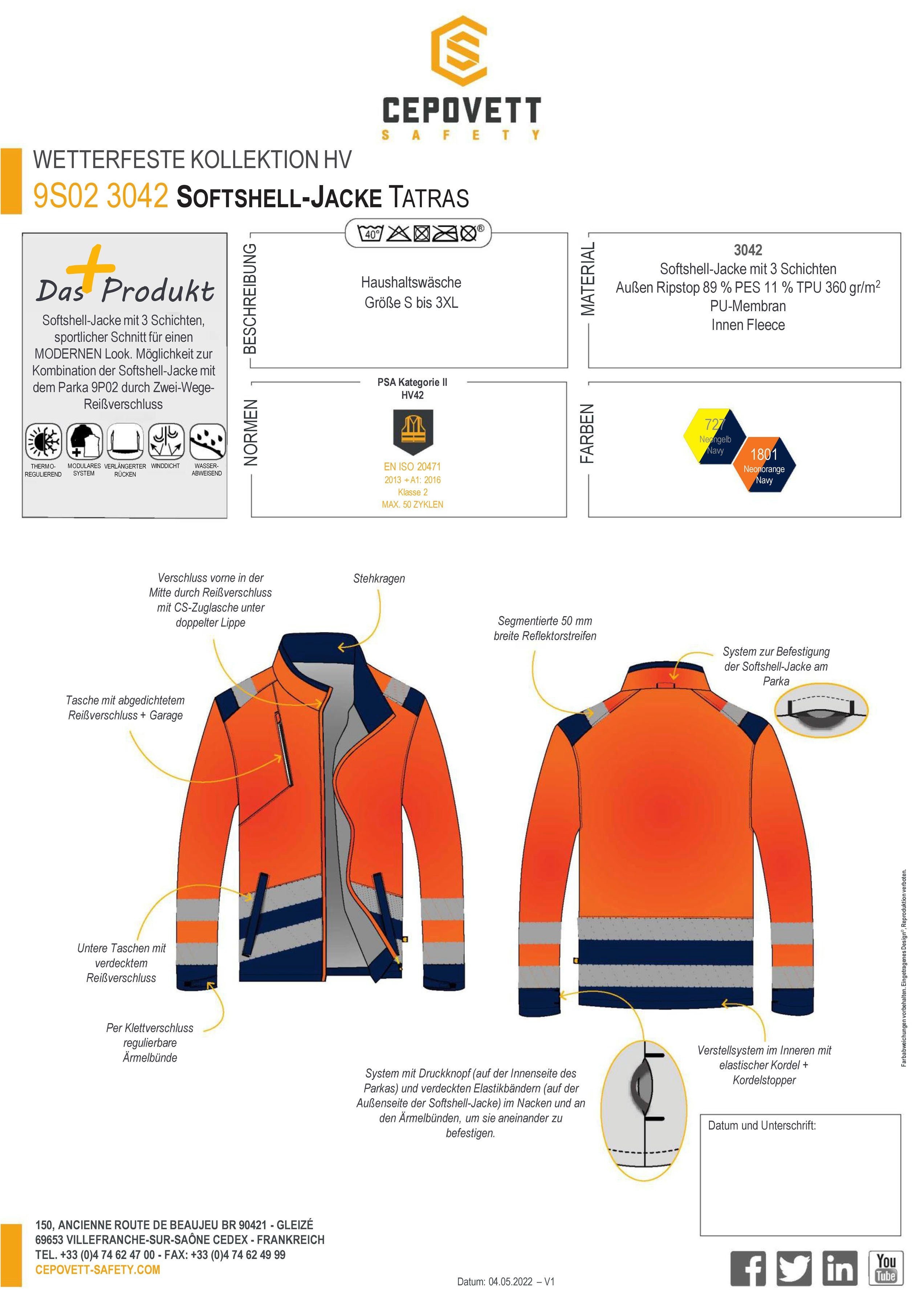 Hochsichtbar Warnschutz, Cepovett Wärmekomfort, Windfest, "Tatras" Unisex Softshelljacke Modul'wear FLUO / ORANGE NAVY