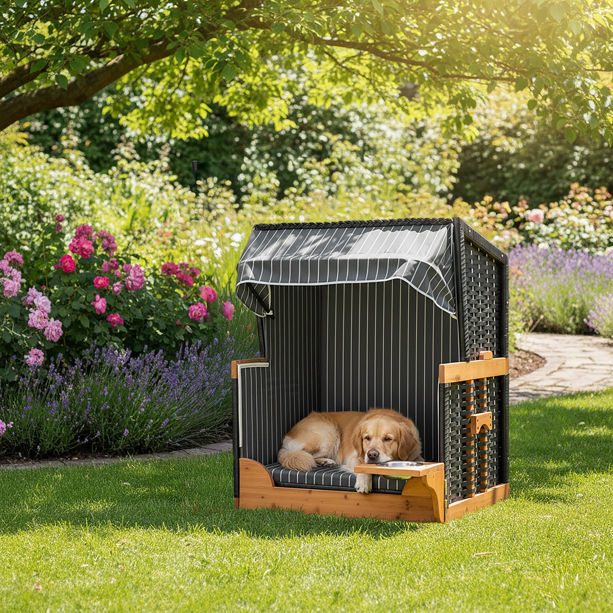relaxdays Haustierstrandkorb Hundestrandkorb Holz & Rattan inkl. Napf, BxTxH: 75x65x95 cm, A