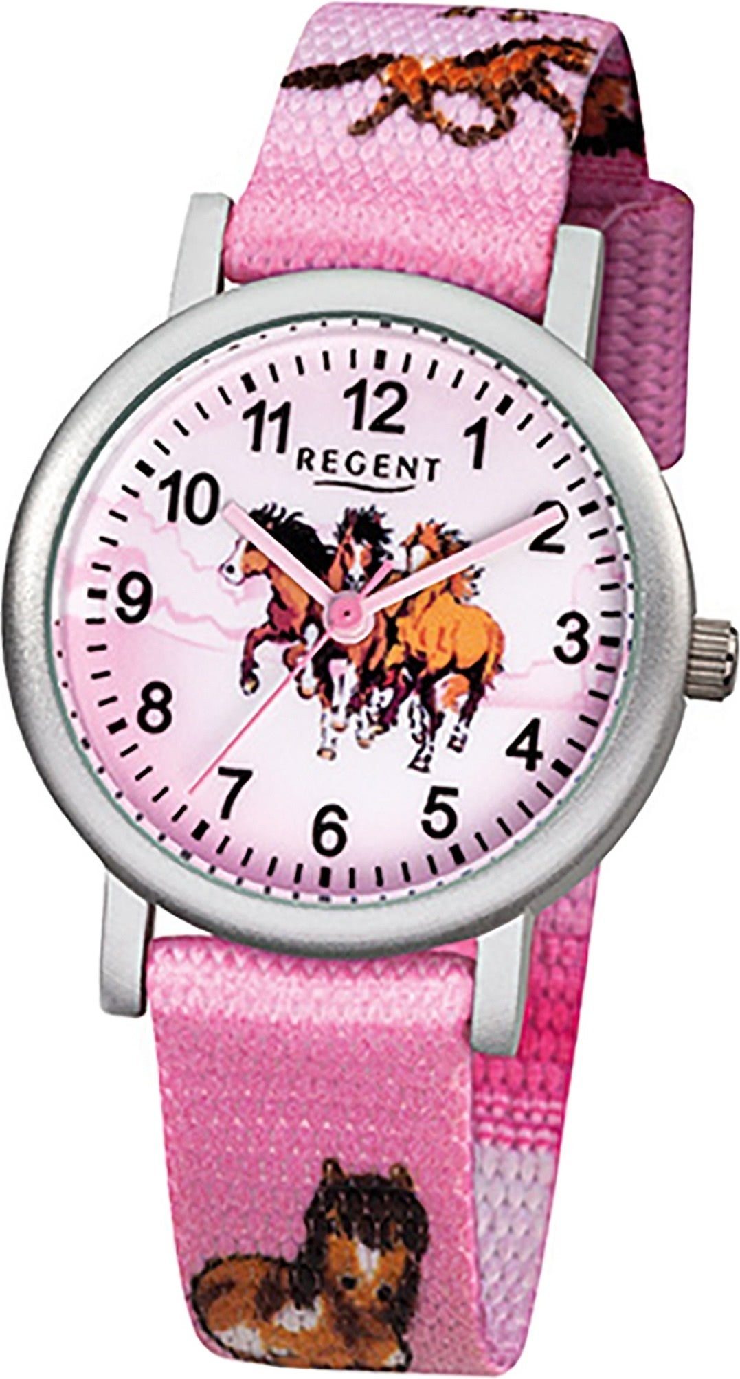Regent Quarzuhr Regent Textil Kinder Uhr F-729 Quarzuhr, Kinderuhr Textilarmband rosa, rundes Gehäuse, klein (ca. 29mm)