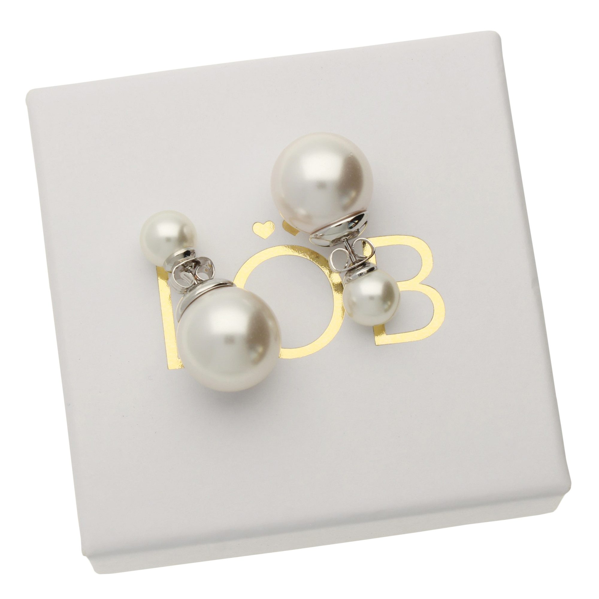 LÖB Paar Ohrstecker Silber Ohrringe Zwei Doppel Perlen Weiß Perlenohrringe Kugel Modern (Geschenke für Frauen Damen Beste Freundin Mutter Mama Ehefrau Oma sie z – Bild 5 von 5