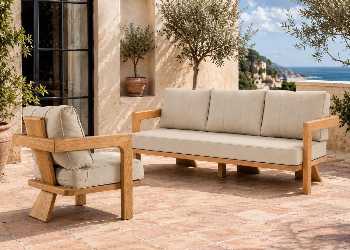 Xlmoebel Gartensofa Gartenlounge Set 3-Sitzer Sofa Sessel Beige Kissen Modern Neu, 2 Teile, Modernes Design, für Terrasse/Balkon geeignet