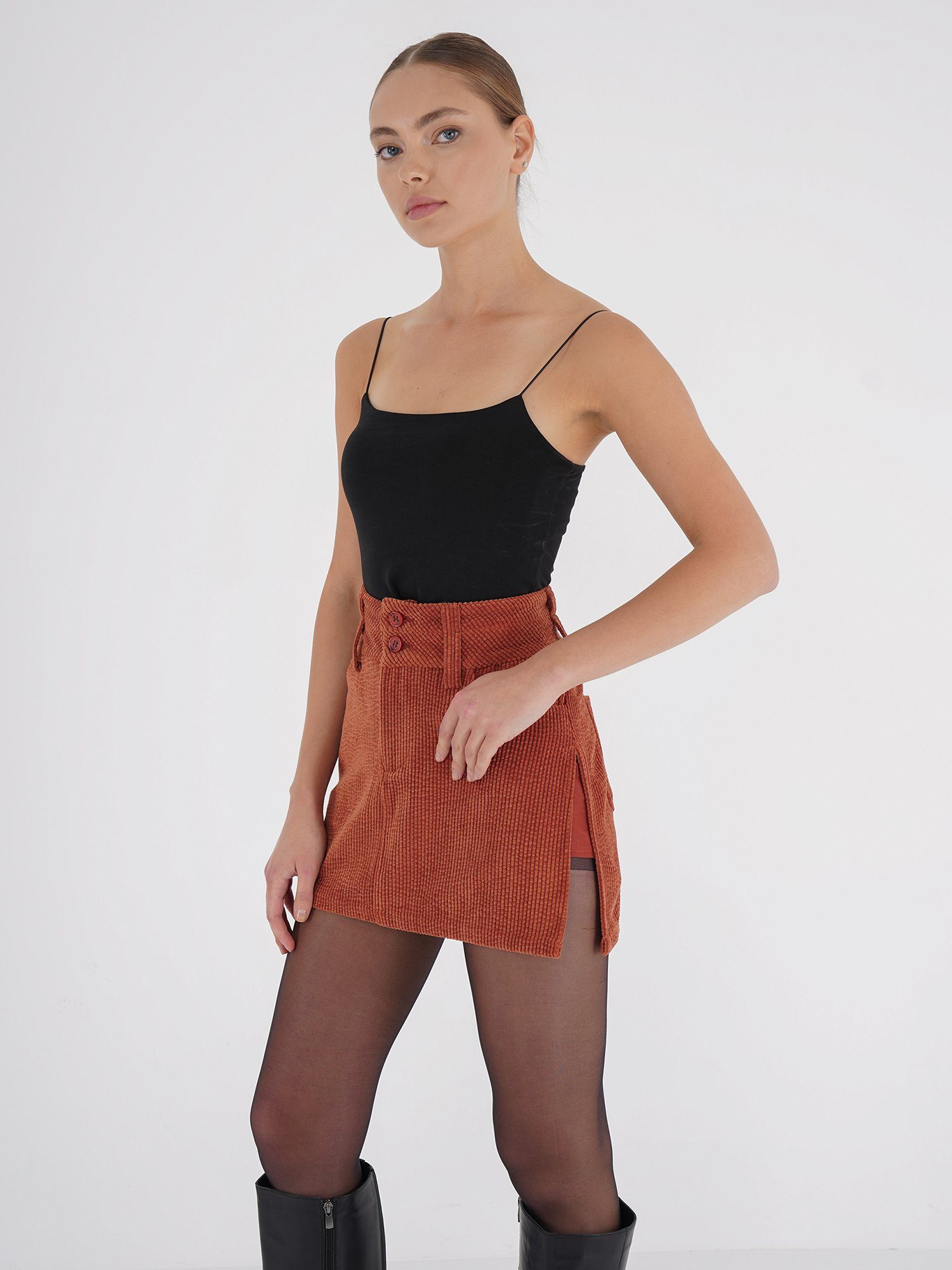 Corduroy Slit Skirt Mini Freshlions Freshlions Side rost A-Linien-Rock