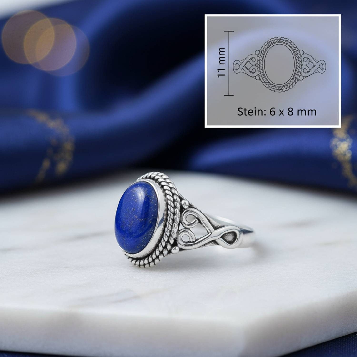 mantraroma Silberring BAGHIMI oval aus 925 Silber mit Lapis Lazuli (Ring mit Schmuckbeutel), Damenring aus 925er Silber – Bild 3 von 5