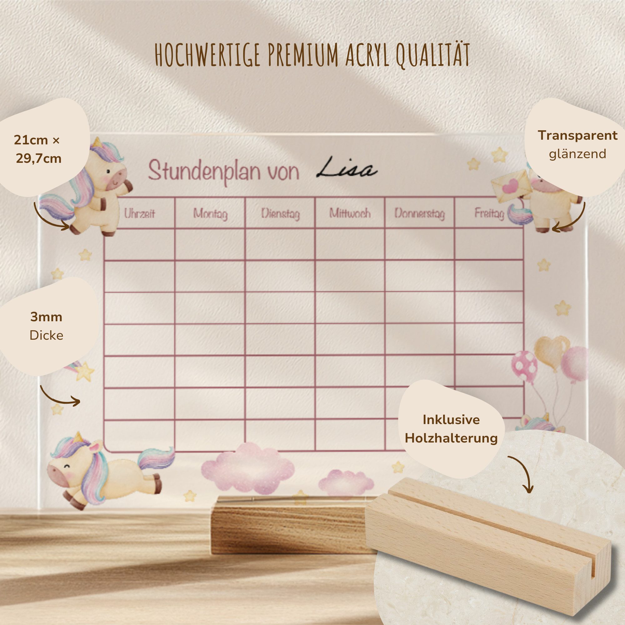 MeinBaby123® Schreibtischkalender Einschulung, Stundenplan Acrylglas transparent, Stundenplan abwischbar, Schulanfang Geschenk, inkl. Holzhalterung – Bild 5 von 5