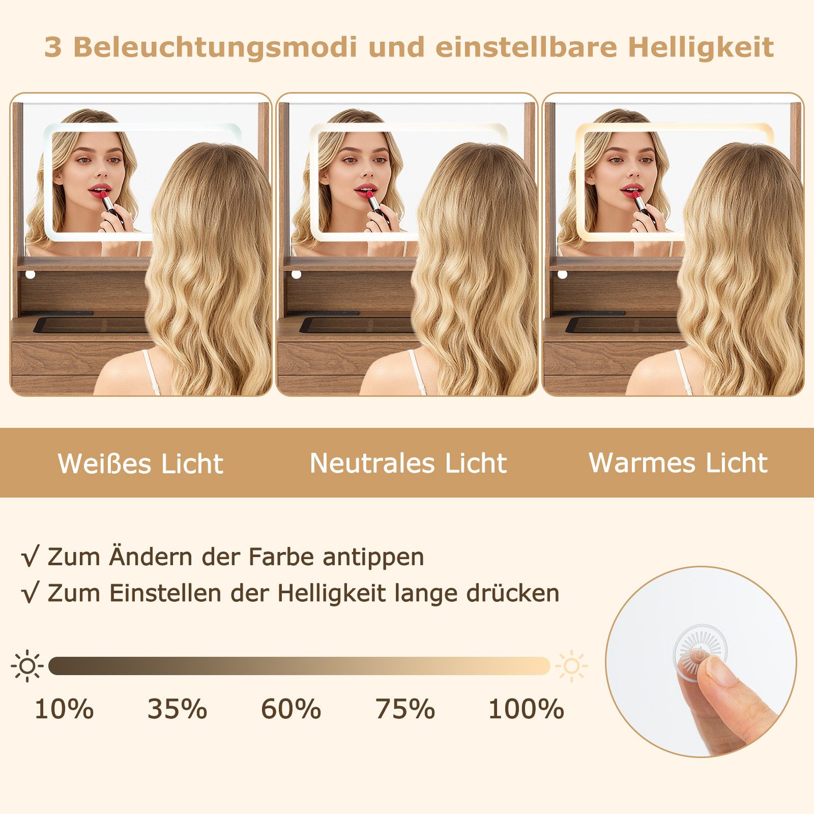 COSTWAY Schminktisch Kosmetiktisch mit LED Spiegel (1-St), Hocker, Steckdosen – Bild 4 von 5