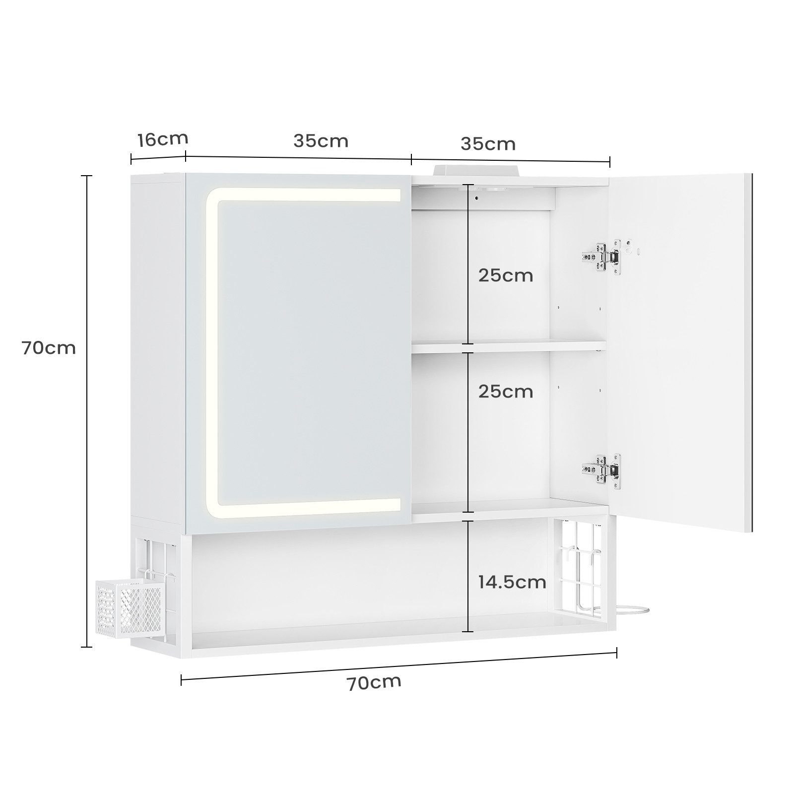 MSMASK Badezimmerspiegelschrank mit LED-Beleuchtung & Steckdose, Spiegelschrank (1-St) 2 Türen, 1 offener Einlegeboden, 70×16×70 cm, Weiß