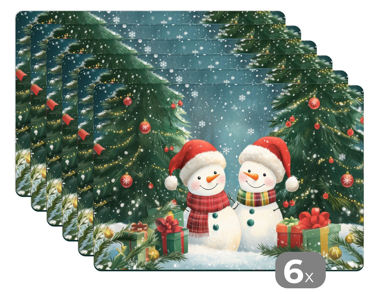 MuchoWow Platzset Schneemann - Weihnachtsschnee - Grün - Rot, (6-St), Platzsets, Tischset, Abwaschbar, Tischsets, Platzdeckchen