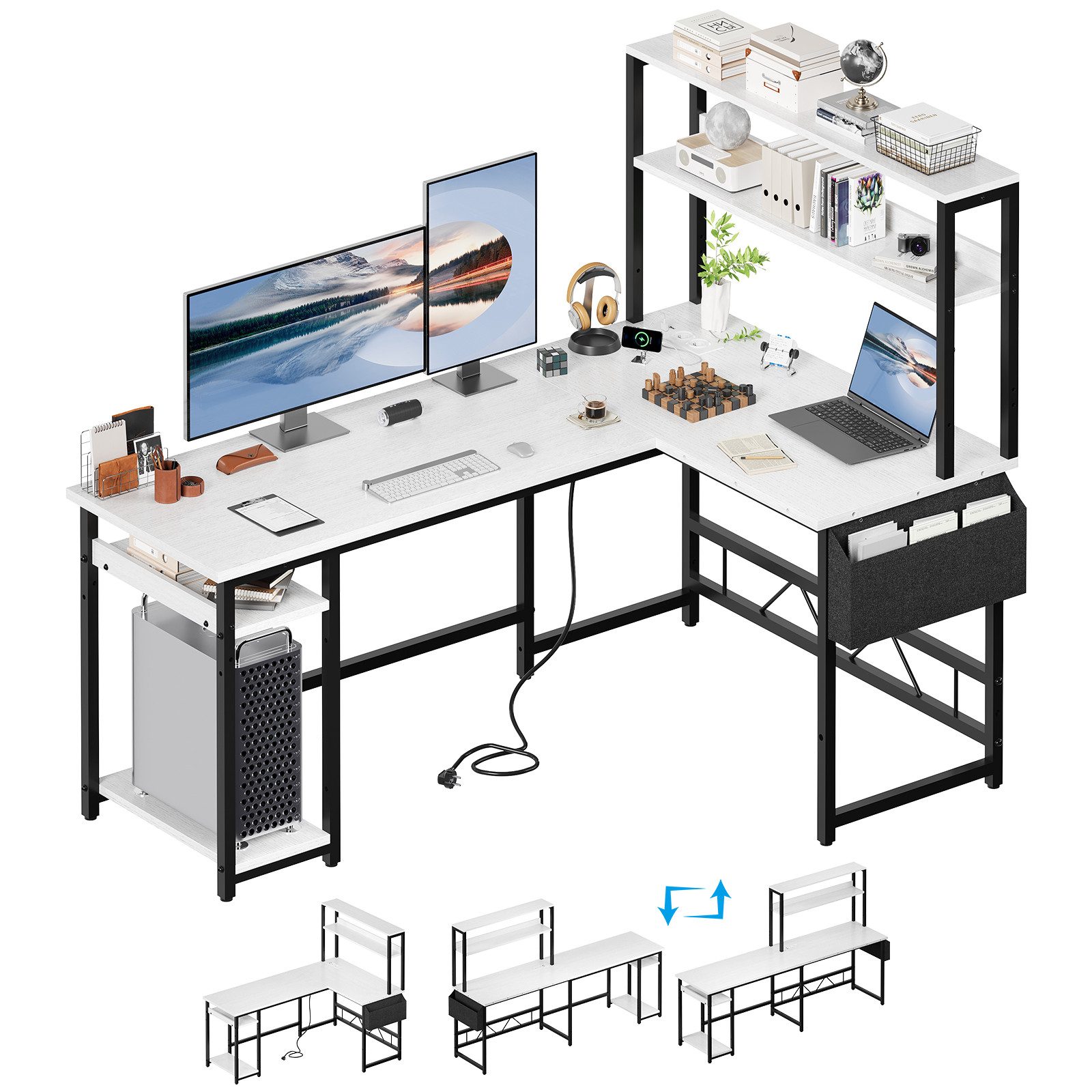 Furnicopia Eckschreibtisch Schreibtisch mit LED und USB L-förmiger Computertisch 160CM (Mit großem Ablagefach, USB-Ladeanschluss und Steckdose) – Bild 2 von 5