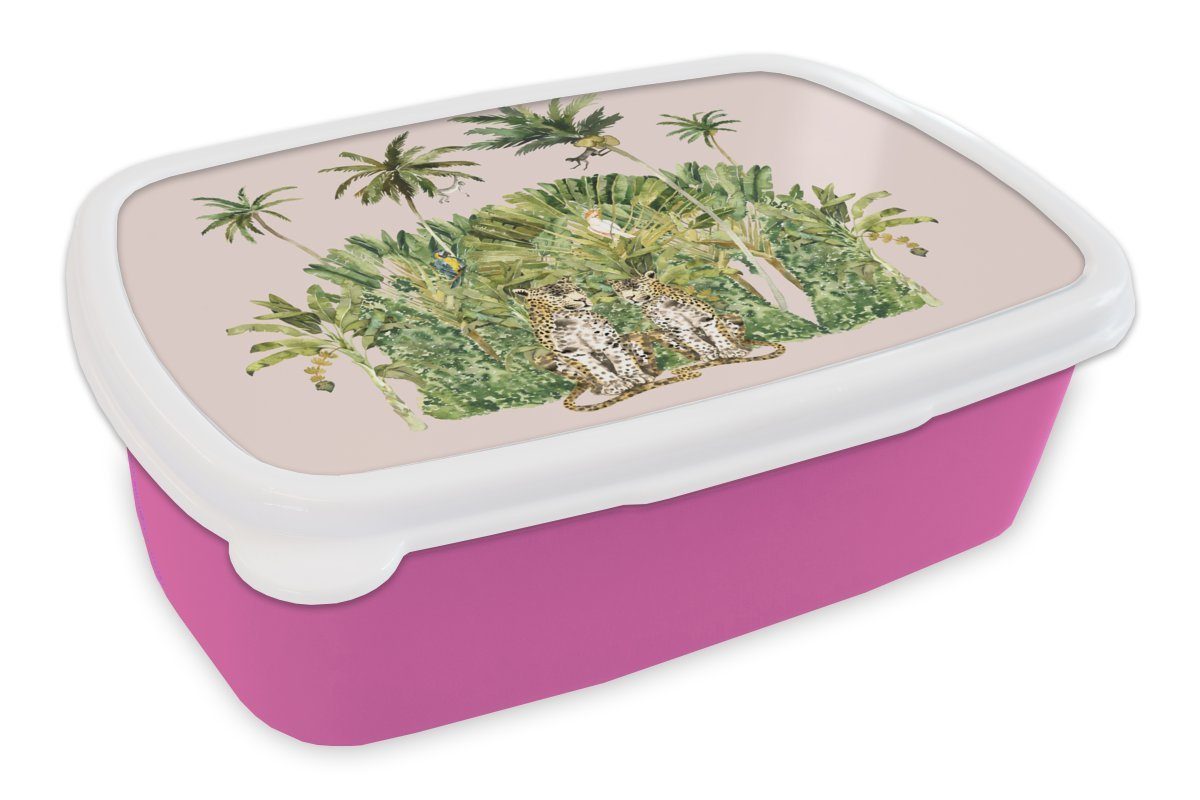 MuchoWow Lunchbox Dschungel - Tiere - Bäume, Kunststoff, (2-tlg), Brotbox für Erwachsene, Brotdose Kinder, Snackbox, Mädchen, Kunststoff rosa