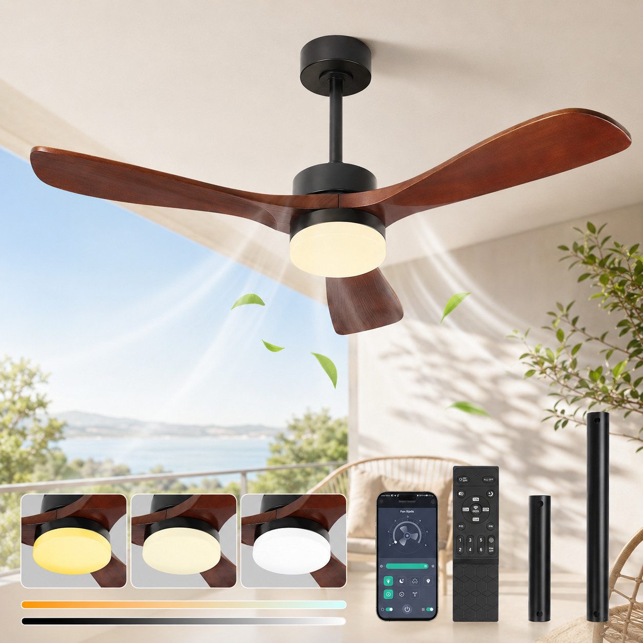 Sunicol Deckenventilator mit Beleuchtung, Dimmbar, Deckenlampe Ventilator 6 Windgeschwindigkeit, Flügel aus Massivholz, Leise, mit Fernbedienung&App, Timer