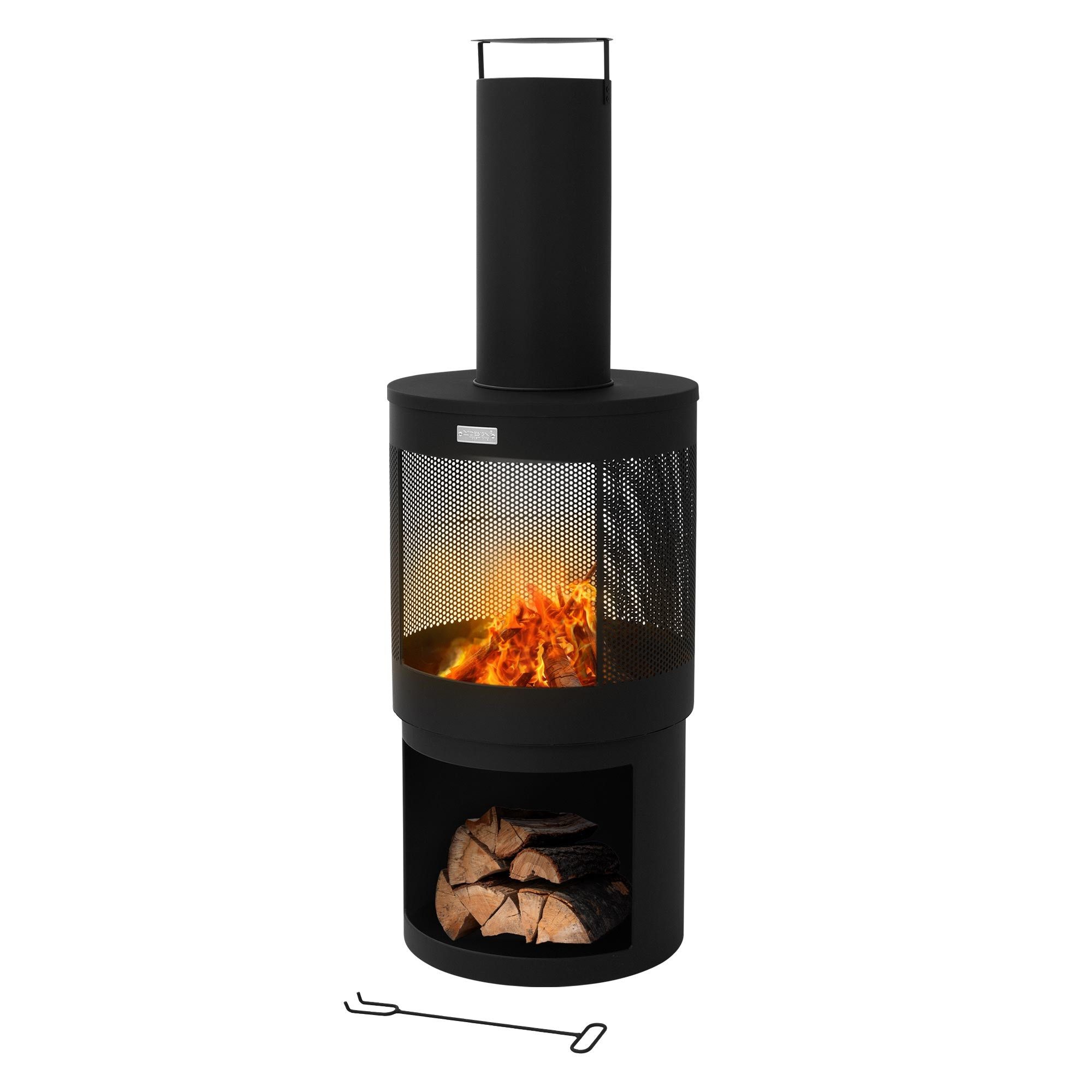 ML-DESIGN Feuerstelle Gartenkamin mit Schornstein Stahl Outdoor Terrassenofen mit Schürhaken, 131x45cm Schwarz abnehmbarem Dach Holzablage Terrassenkamin Feuerkorb