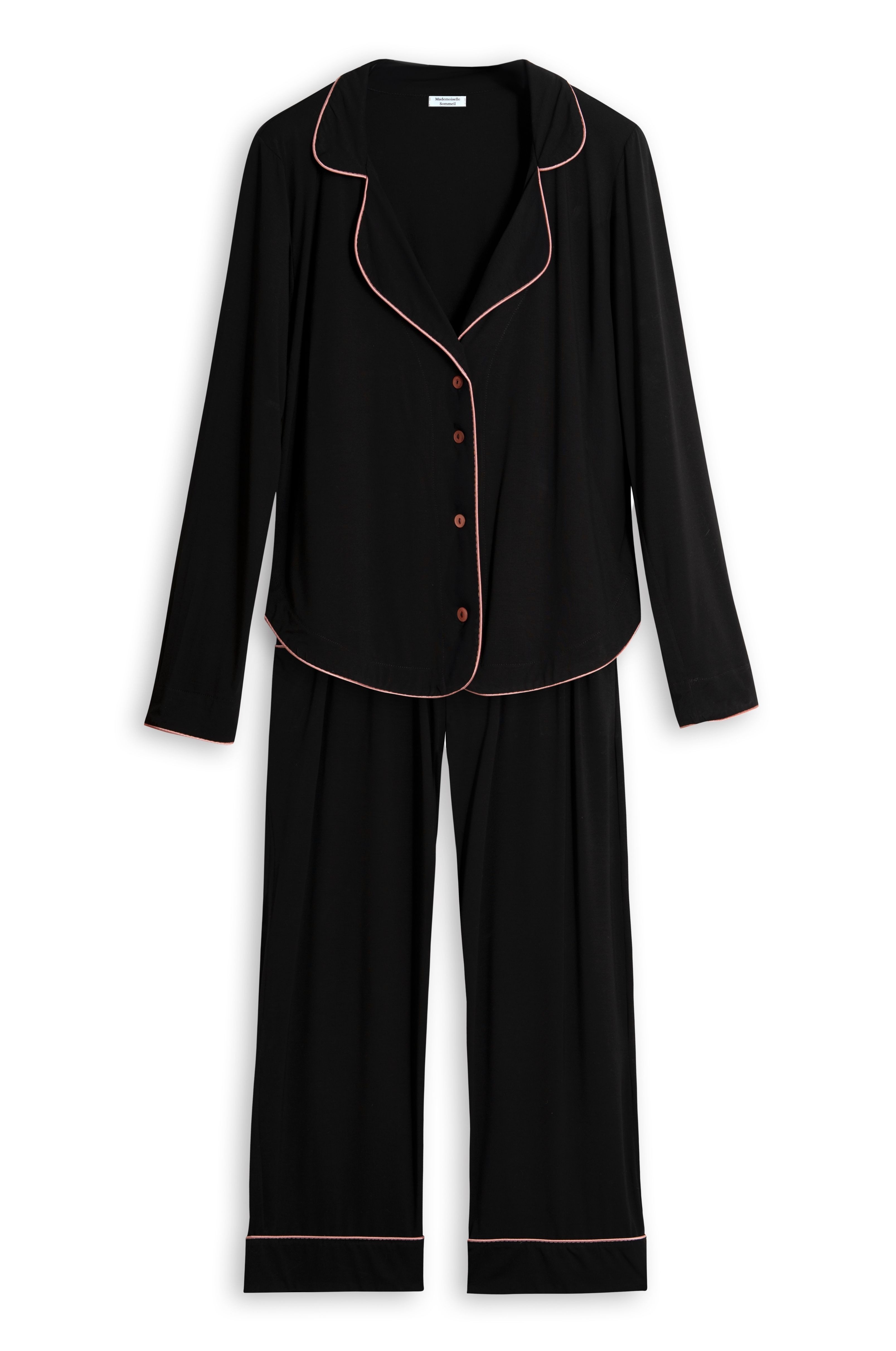 Mademoiselle Sommeil Pyjama Damen Schlafanzug Set aus schwarzer EcoVero™ Viskose Langarm-Hemd, Knopfleiste & Hose, roséfarbene Paspel, Made in Polen