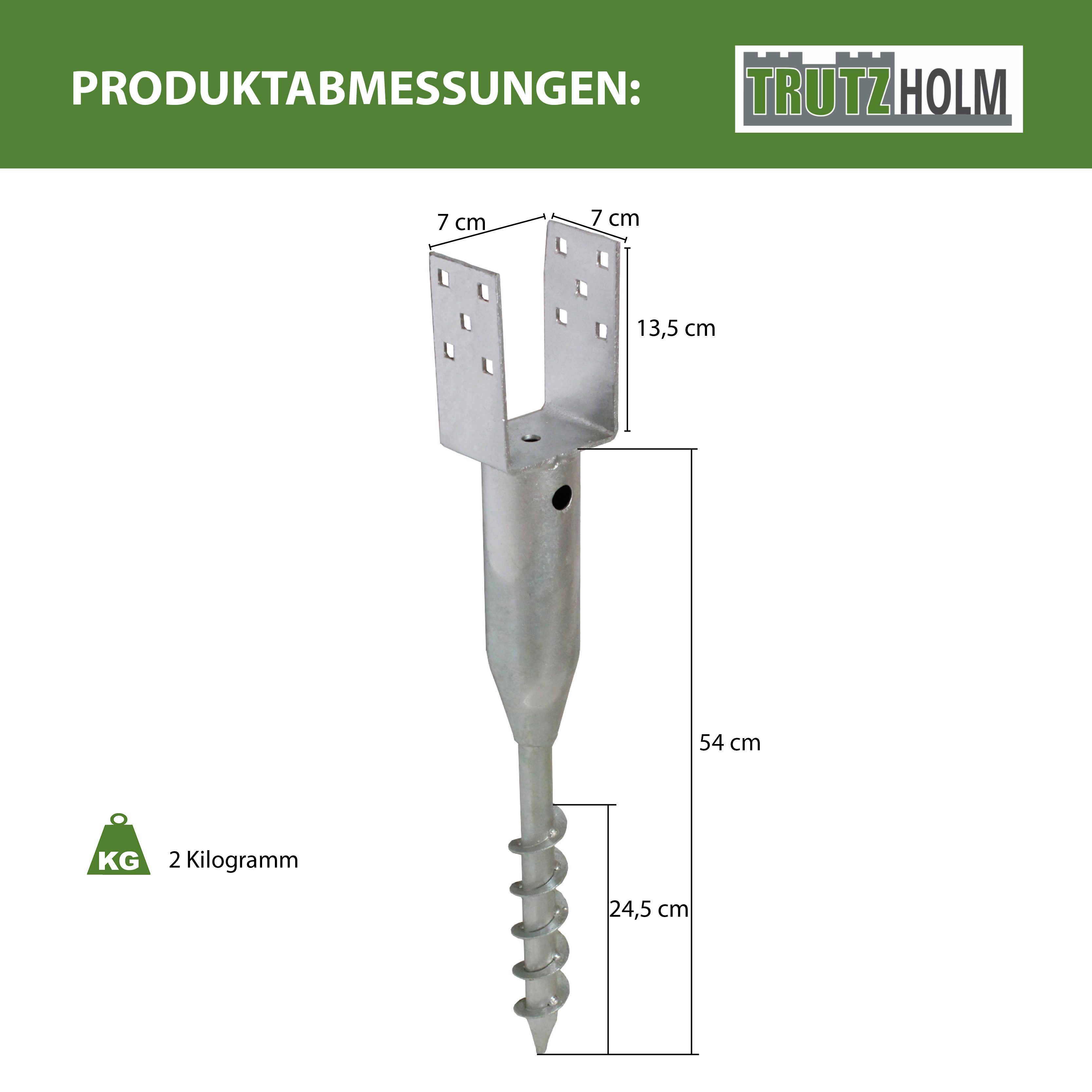 TRUTZHOLM Einschraub-Bodenhülse 6x U-Profil Bodenhülse zum Einschrauben 7x7 cm 67,5 cm Länge, für Abmessungen Spitze bis Boden der Lasche (HxBxT): ca. 54x7x7cm - Abmessungen Lasche (LxBxH): ca. 7x7x13,5cm, zum Eindrehen, (Produkt, 6-St), feuerverzinkt für Vierkanthölzer