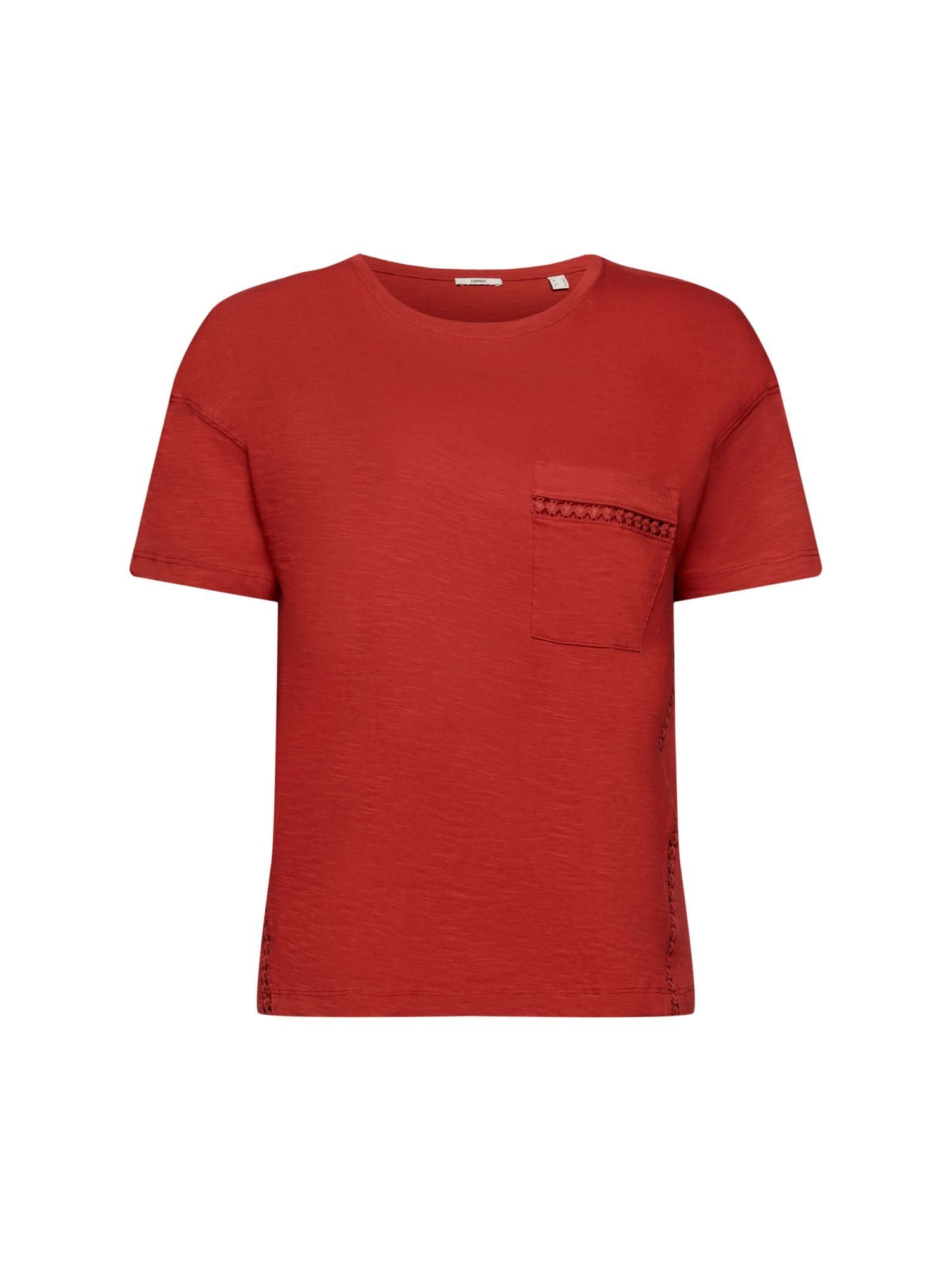 Esprit T-Shirt mit (1-tlg) Baumwoll-T-Shirt TERRACOTTA Spitzenbesatz