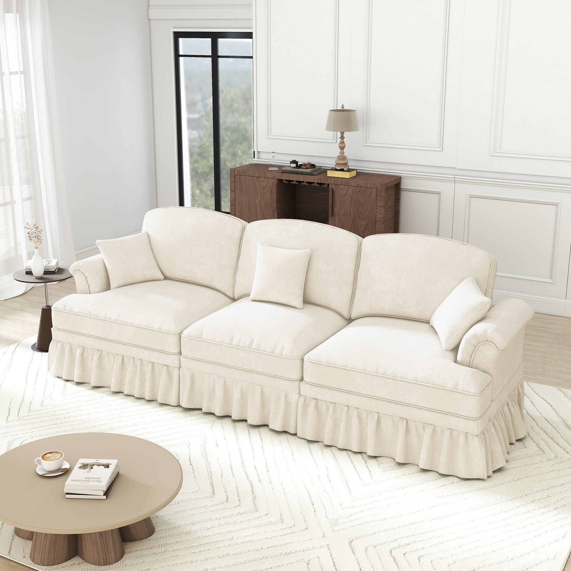 Leawin Sofa Modulares Mid-Century Sofa mit Bettfunktion – Sofas Wohnzimmer, Elegantes 3-Sitzer Chenille-Sofa mit Rüschenrock & Moduldesign