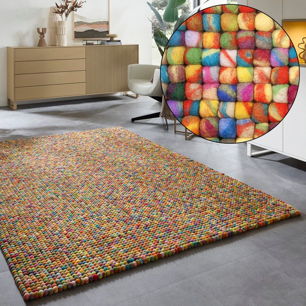THEKO Wollteppich Felty 2.2, handgefertigt, rechteckig, Höhe: 22 mm, Filzkugel-Teppich, reine Wolle, auch in rund & als Läufer