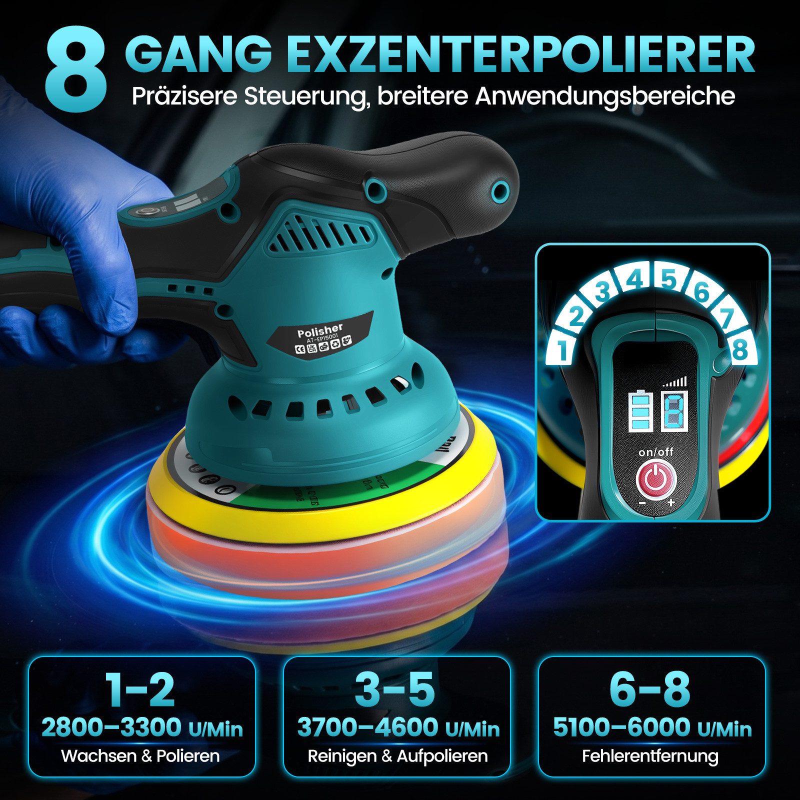 Bundviel Akku-Poliermaschine 150mm Exzenterpolierer 8 Geschwindigkeiten Polishing Schnurlos, 2800 min. U/min, 6000 max. U/min, Ø 150 mm, Multifunktions-Reinigungs- & Poliermaschine für Auto, Möbel & mehr